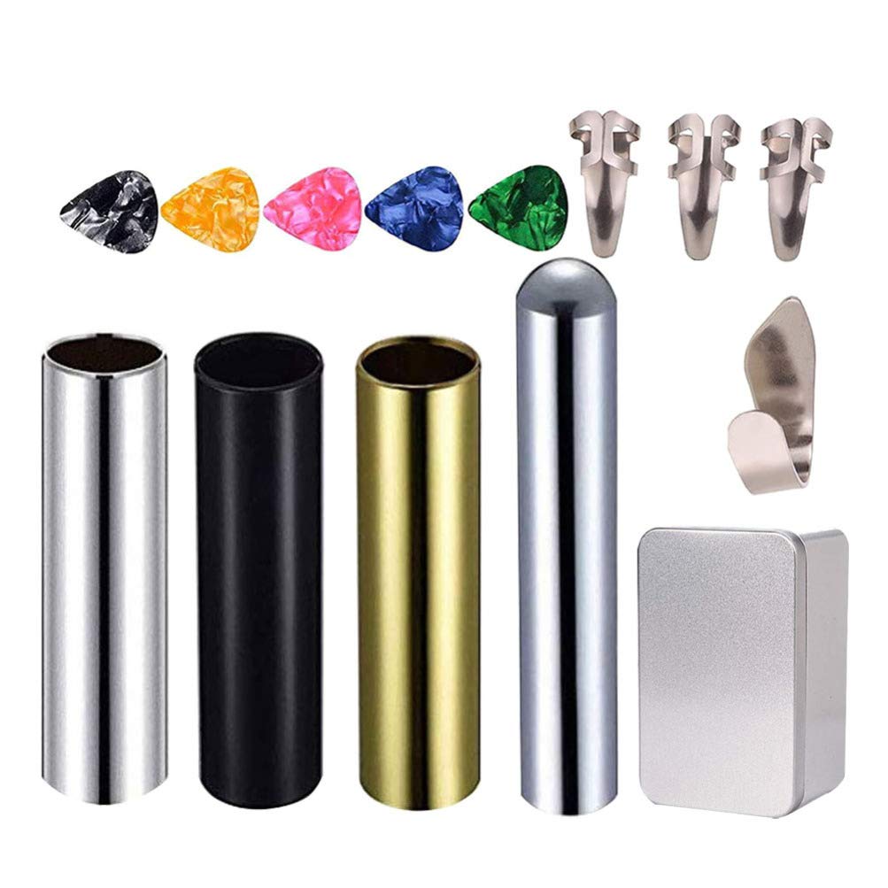 ARTIBETTER 14-Piece Guitar Slides & Picks Set - Medium Clear Triangle Picks with Finger Tip Protectors - Reusable Guitar Accessories for Smooth Playing (Perfect for Acoustic/Electric Guitar Practice & Performances)