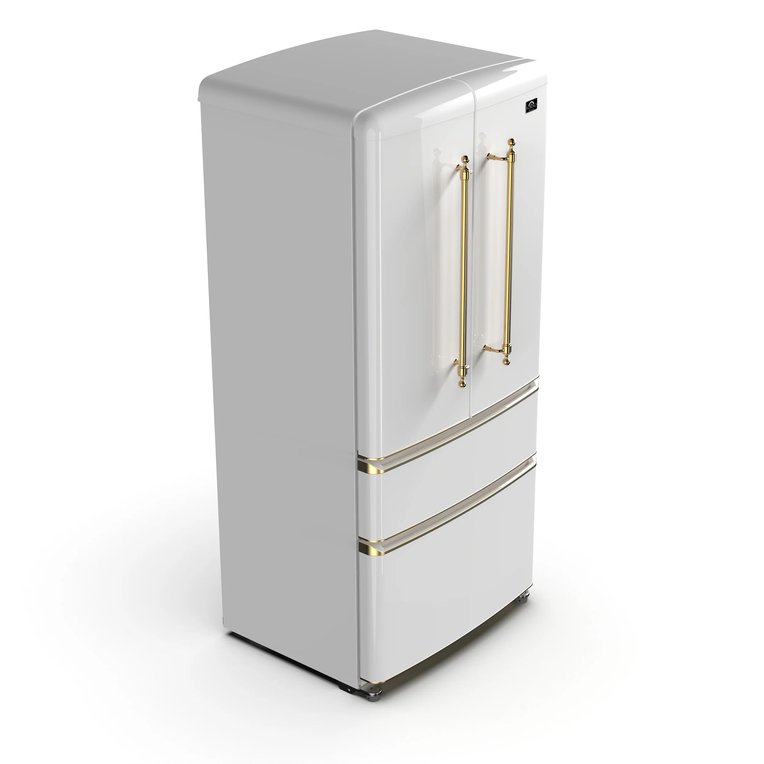 Forno Luigi 33 Inch French Door Refrigerator in White with Antique Brass Finish - Model FFFFD1791 33WHT | Energy Efficient Stainless Steel Kitchen Appliance for Modern Homes & Restaurants