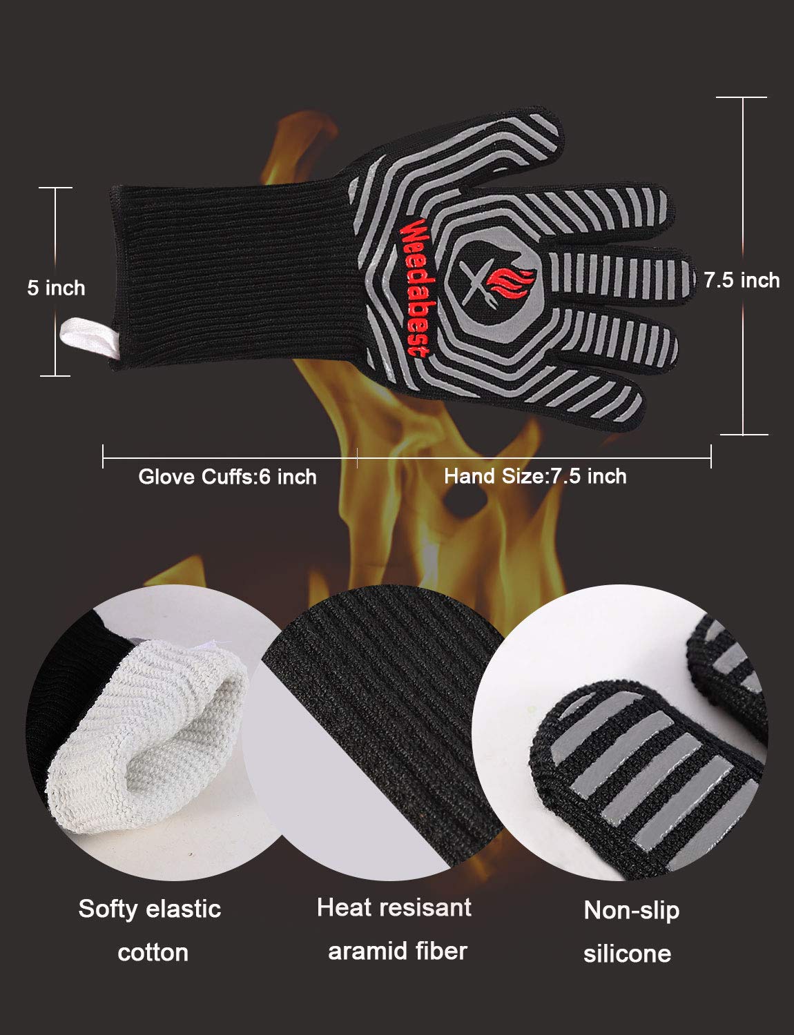 WEEDABEST Heat Resistant BBQ Gloves - 13.5 Inch Professional Oven Mitts for Grilling, Smoking, Barbecue & Kitchen Use - Black (Ideal for Outdoor Cooking, Camping & Hot Food Handling)
