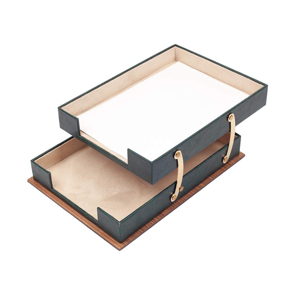 Premium 11-Piece Leather Desk Organizer Set with Walnut Wood Base - Stylish Office & Home Desk Accessories for Productivity (Green) - Perfect for Organizing Pens, Files & Stationery on Your Workspace
