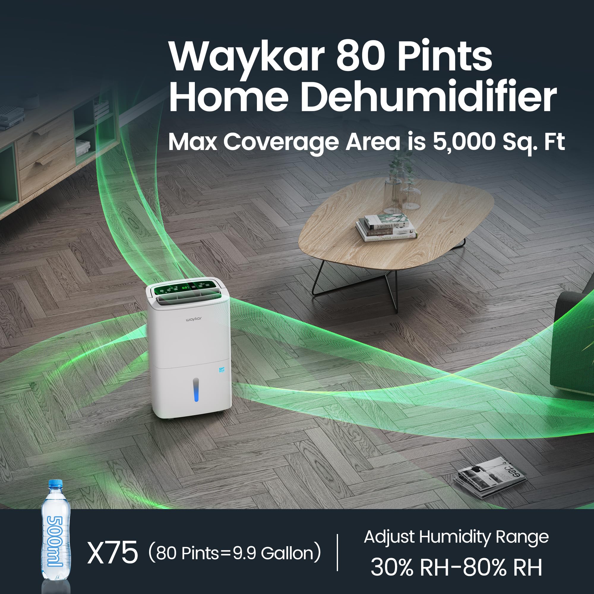 Waykar 80 Pints Energy Star Certified Dehumidifier for Large Spaces up to 5,000 Sq.Ft - Ideal for Home, Basement, Bedroom, Office - Features Drain Hose, Auto Defrost, Self-Drying & Easy Mobility Handle - Perfect for Humidity Control in Damp Areas & Mold Prevention