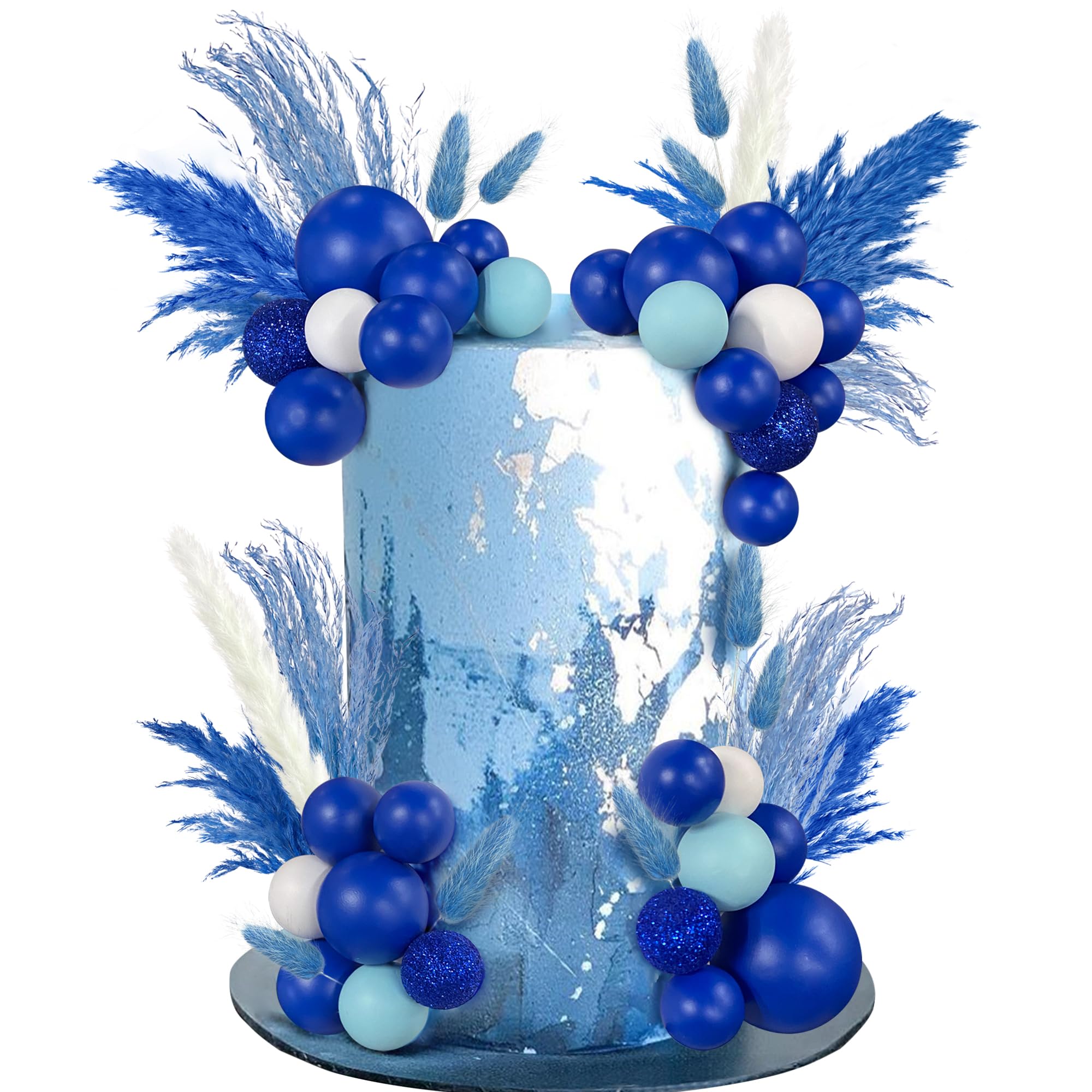50 PCS Boho Cake Toppers - Mini Balls & Dried Pampas Grass Decor for Wedding, Birthday, Baby Shower Cakes - White, Blue, Royal Blue Sequin - Perfect for Boho, Rustic, and Vintage Theme Parties