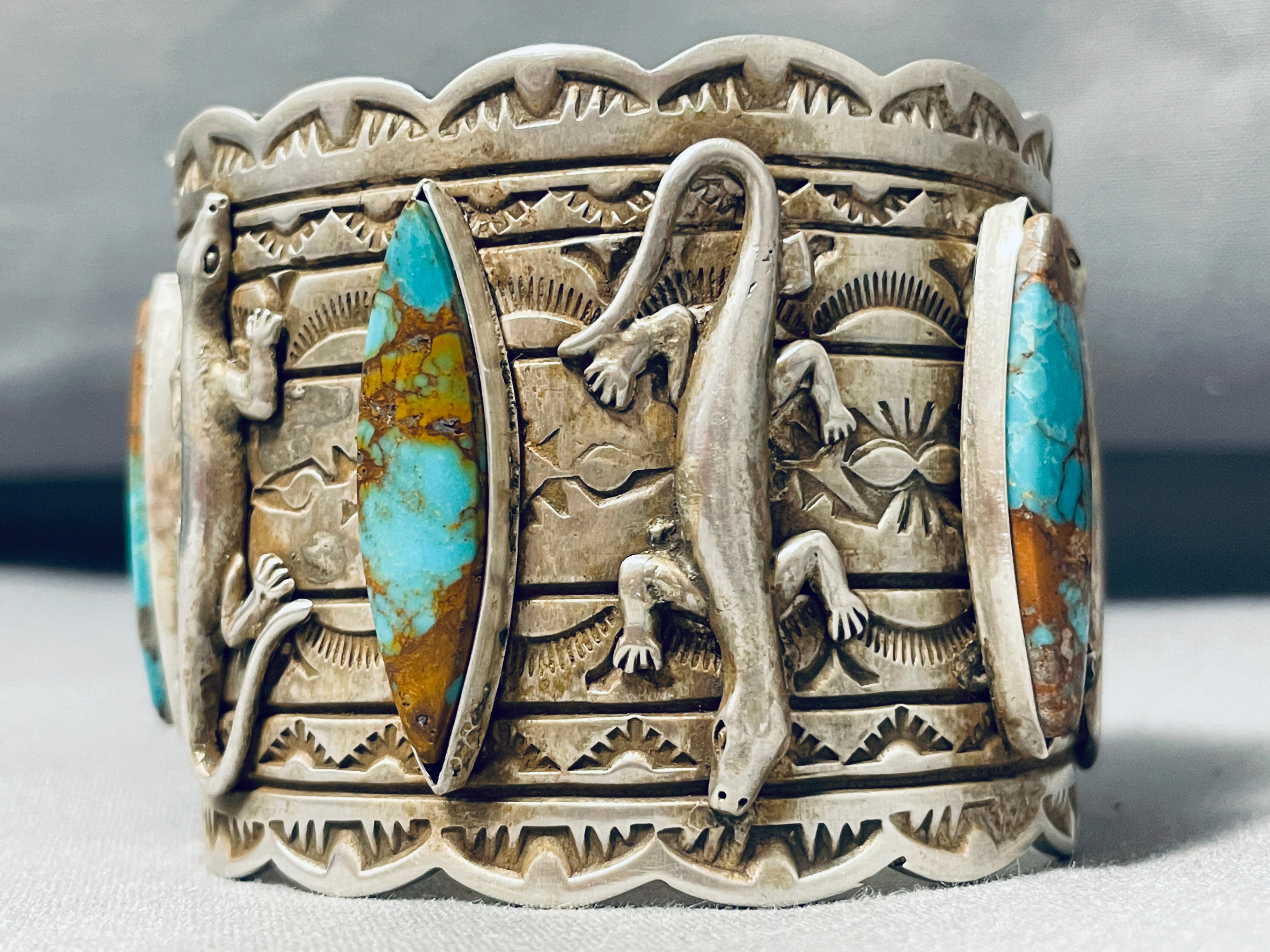 Authentic Navajo Sterling Silver Gecko Bracelet with 100+ Gram Royston Turquoise – Handmade Native American Jewelry for Women, Boho Fashion, Gift Giving & Special Occasions