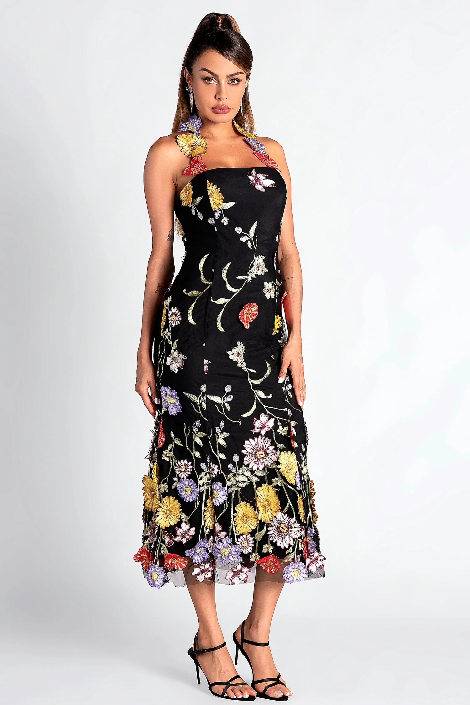 Black Floral Embroidered Halter Midi Dress - Perfect for Summer Parties, Beach Vacations & Date Nights