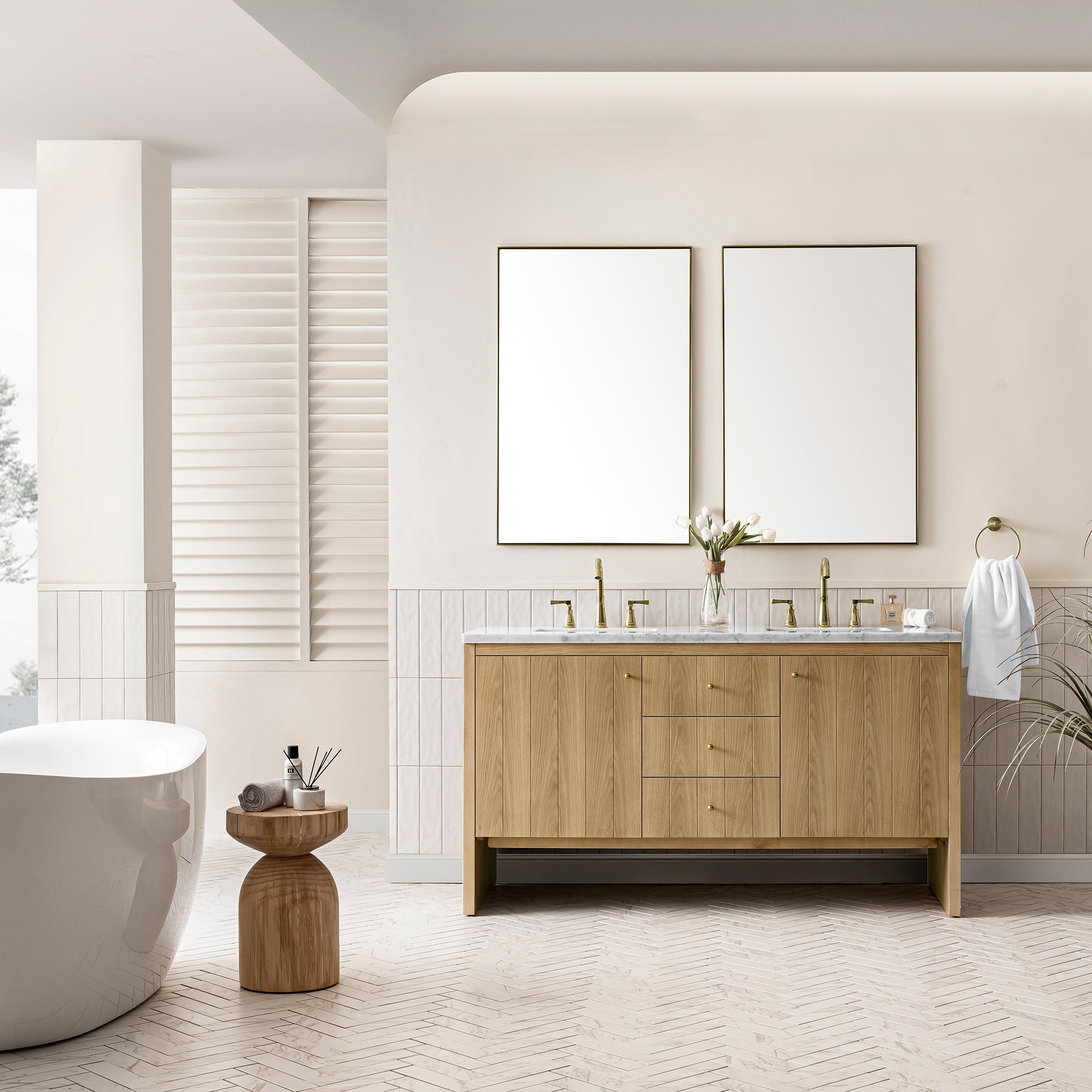 Hudson 60-Inch Double Vanity with Carrara Marble Top - Light Natural Oak Bathroom Vanity for Modern Homes | Perfect for Master Bathroom Renovation & Guest Bathroom Upgrade