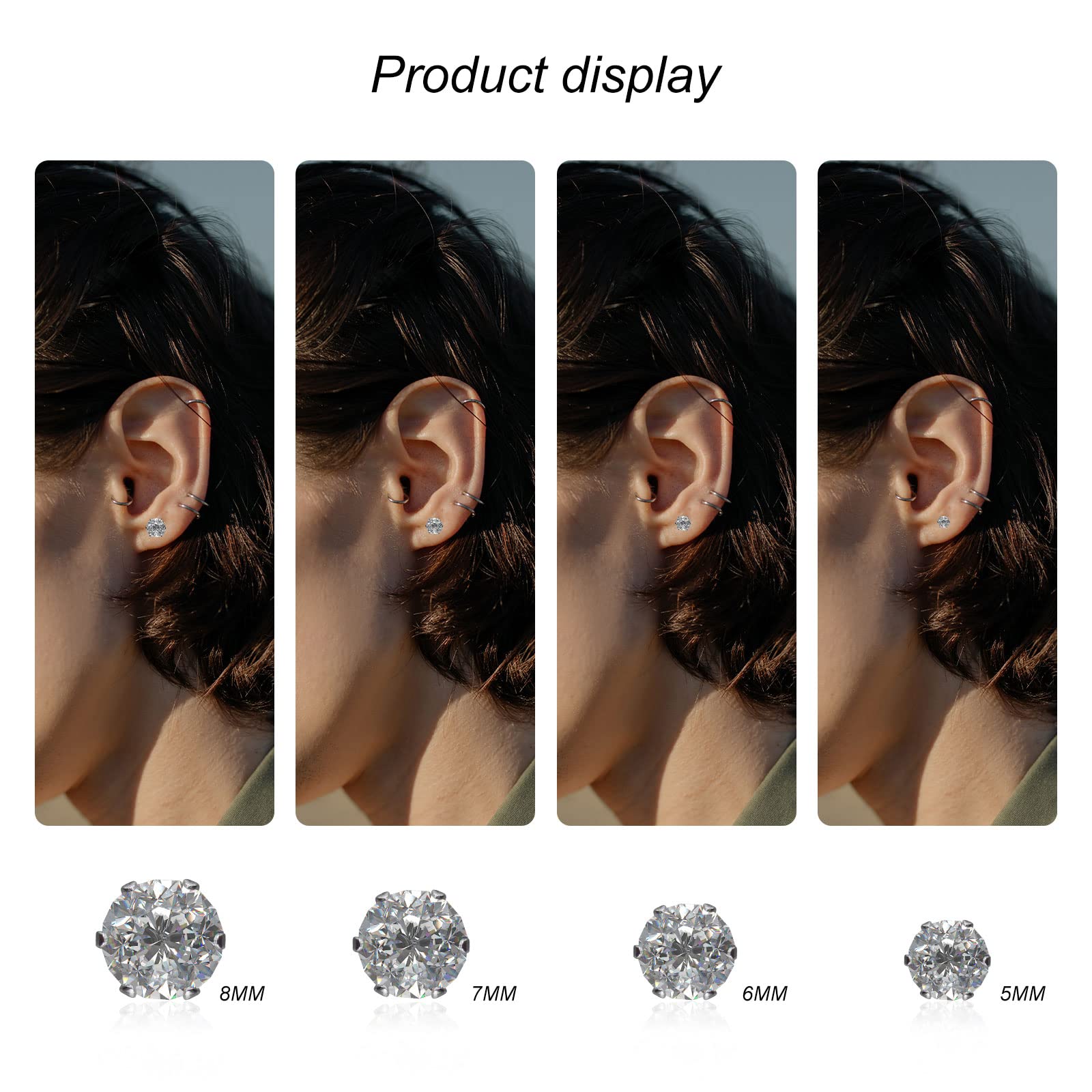FuninCrea 4 Pairs Diamond Stud Earrings - 925 Sterling Silver Small Cartilage Earrings Set for Women & Men | Round Zirconia Unisex Jewelry | Perfect for Casual Wear, Parties & Gifts