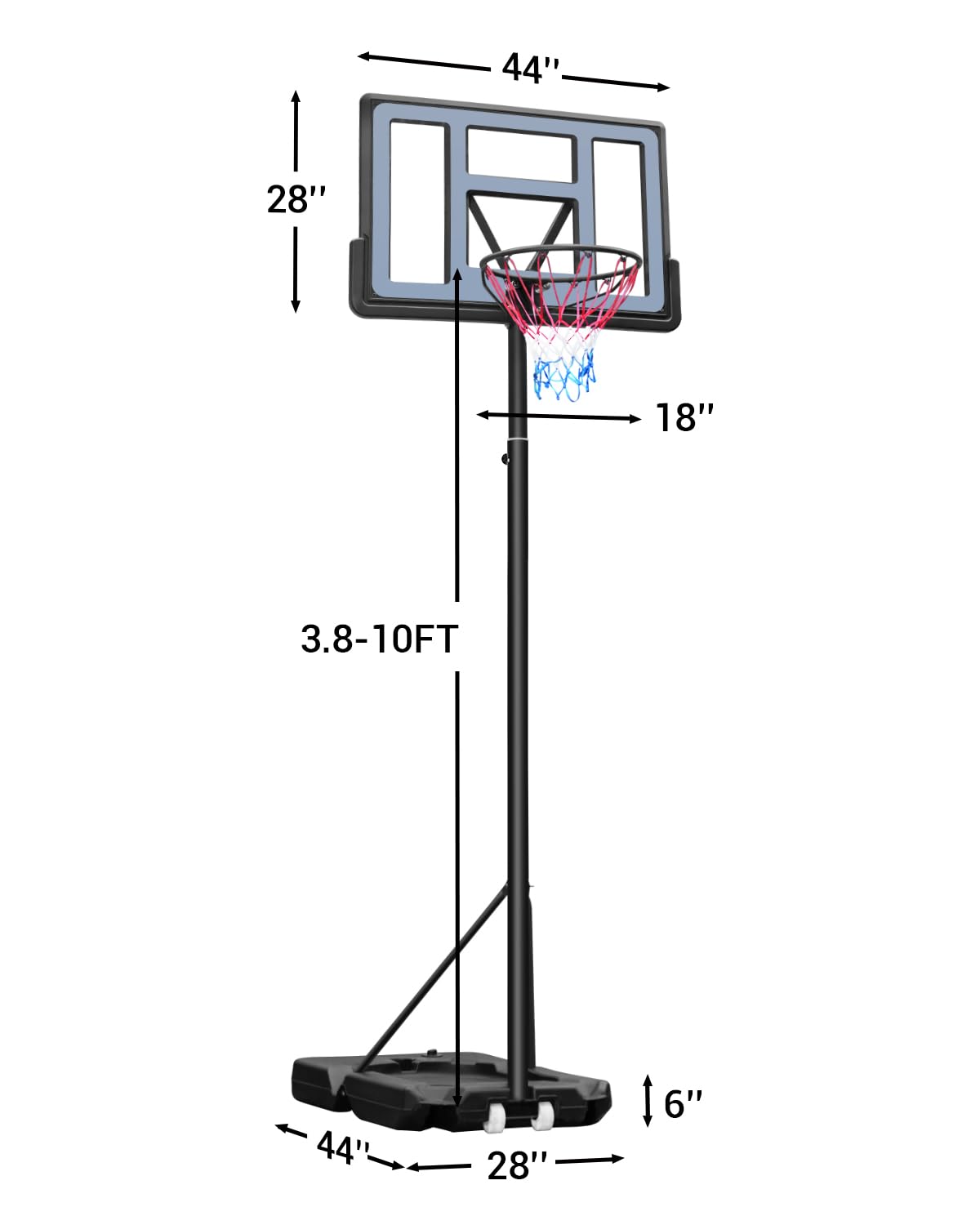 WIN.MAX Adjustable Basketball Hoop 3.8-10ft Height, 44 Inch Backboard - Portable Outdoor/Indoor Basketball Goal System for Kids & Adults - Perfect for Driveway, Backyard, Pool & Gym Use