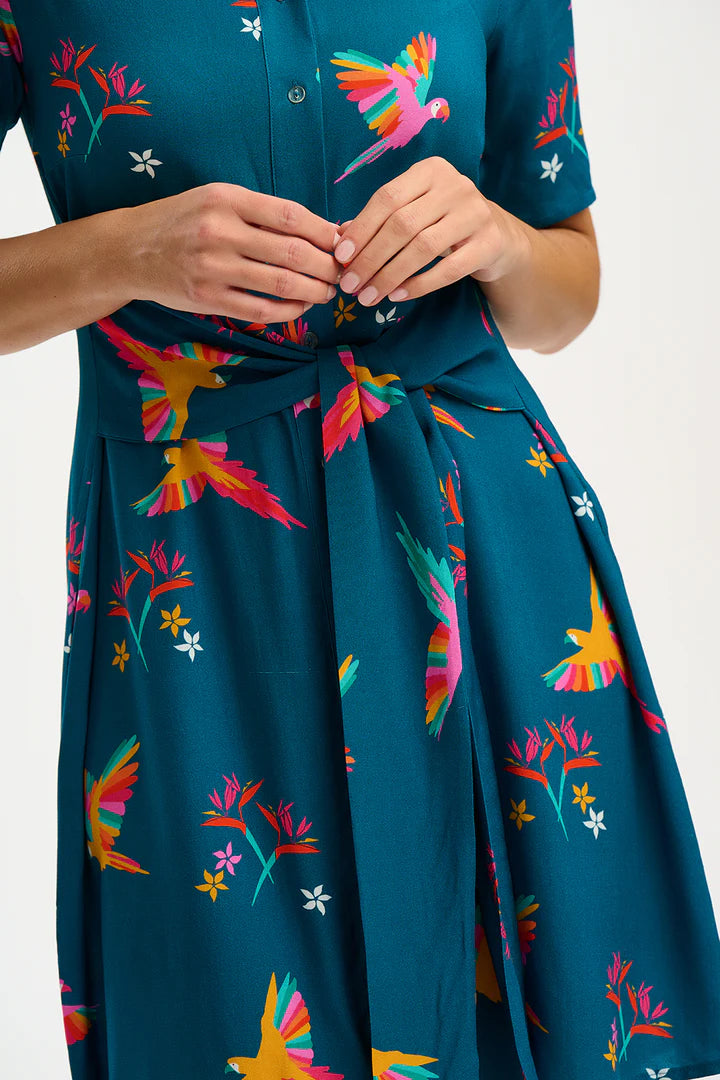 Stylish Dessie Shirt Dress with Teal Rainbow Parrots Print - Women's Flowy Casual Tunic Top for Summer Outings, Beach Vacations & Boho Fashion