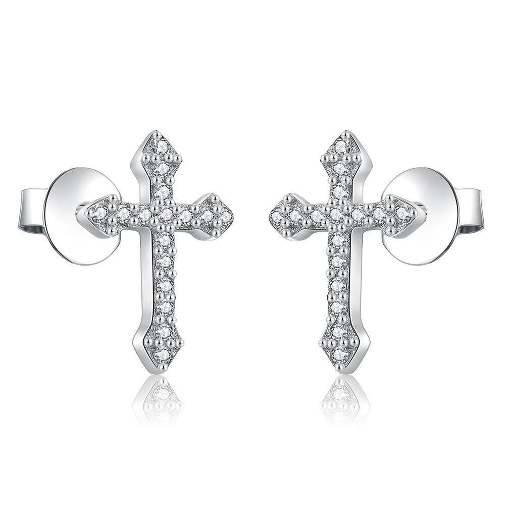 AoedeJ Sterling Silver Cubic Zirconia Cross Stud Earrings for Women & Men - Religious Jewelry Gift for Baptism, Confirmation & Everyday Wear