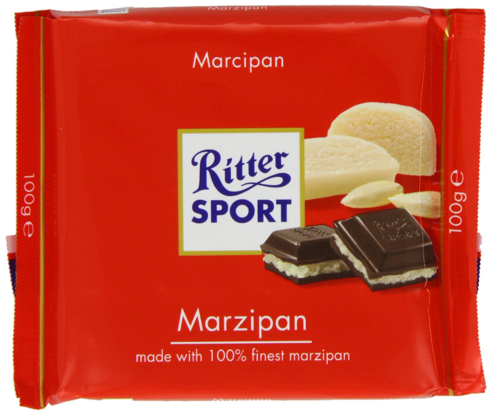 Ritter Sport Marzipan Chocolate Bar 100g (Pack of 5) - Premium German Almond Chocolate for Gifts, Snacking & Baking - Perfect for Holidays, Parties & Dessert Recipes