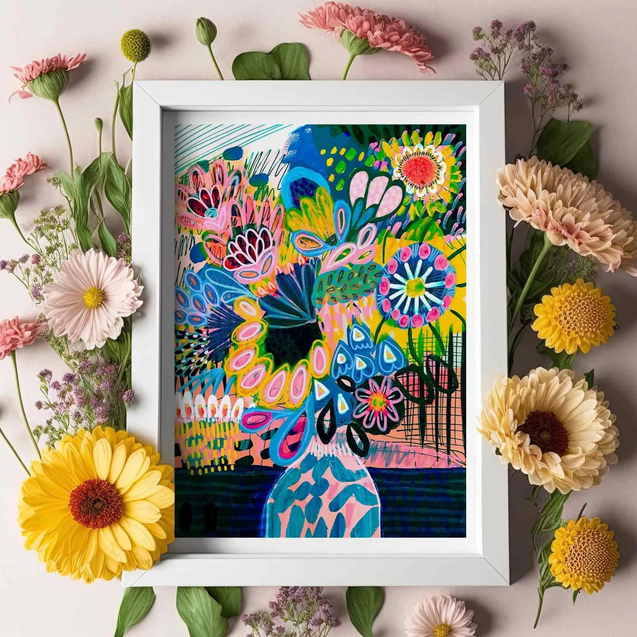 Abstract Floral Wall Art Print - Modern Canvas Painting of Flowers in Vase for Living Room & Bedroom Decor