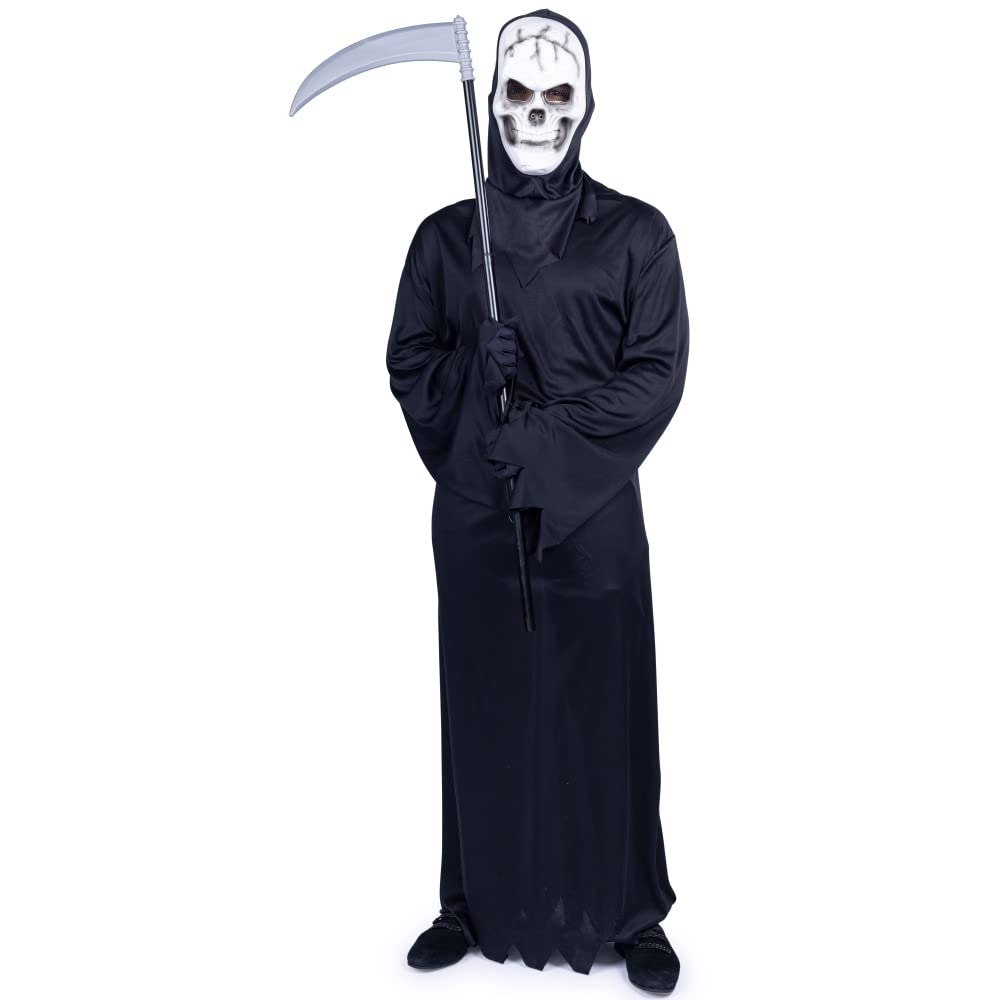 Grim Reaper Halloween Costume for Adults - Black Hooded Cloak with Scythe & Mask - Scary Halloween Outfit Set | Perfect for Halloween Parties, Cosplay & Horror Events