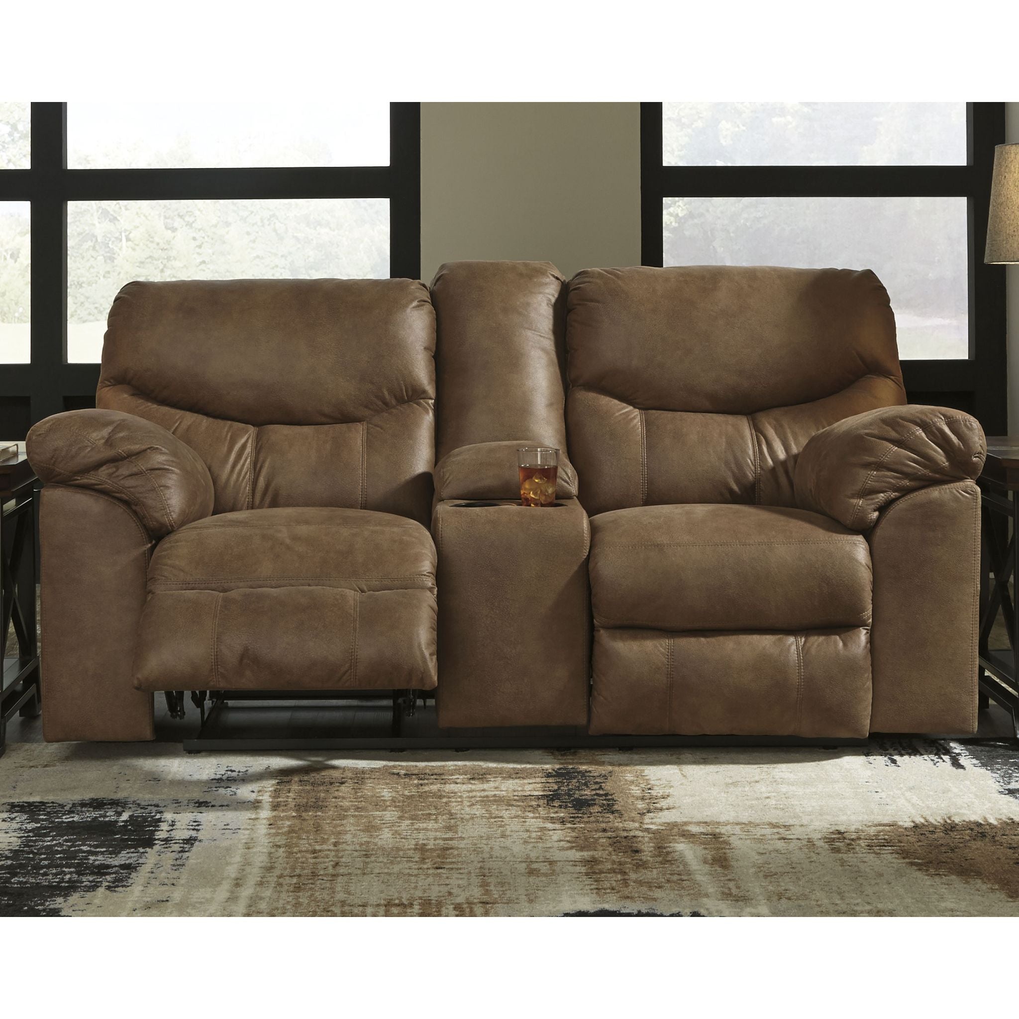 Boxberg Reclining Loveseat with Console in Bark Brown - Modern Reclining Sofa for Living Room, Home Theater & Small Spaces - Comfortable Two-Seater with Cup Holders and USB Ports