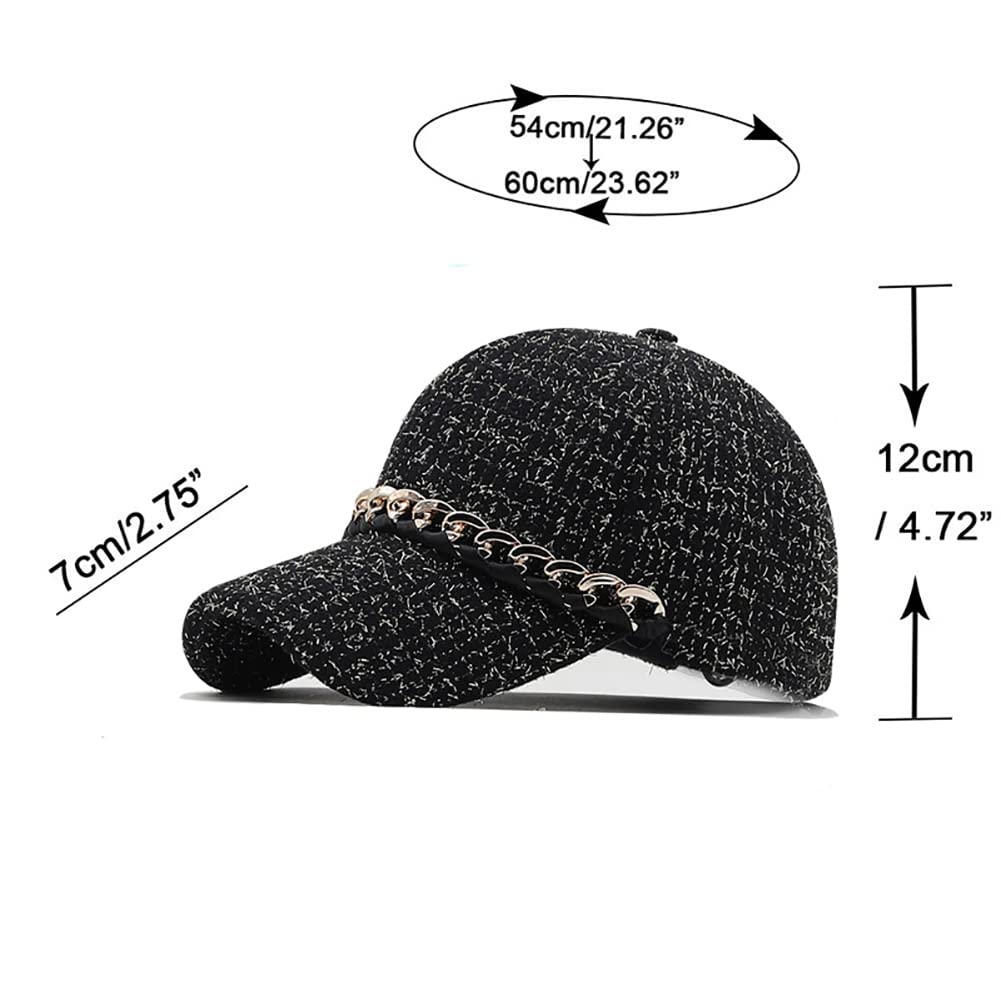 Women's Stylish Adjustable Tweed Baseball Cap - Fashionable Chain Dad Hat for Casual Wear, Hip Hop Style (Black/White) | Perfect for Streetwear, Outdoor Activities & Daily Fashion Accessories