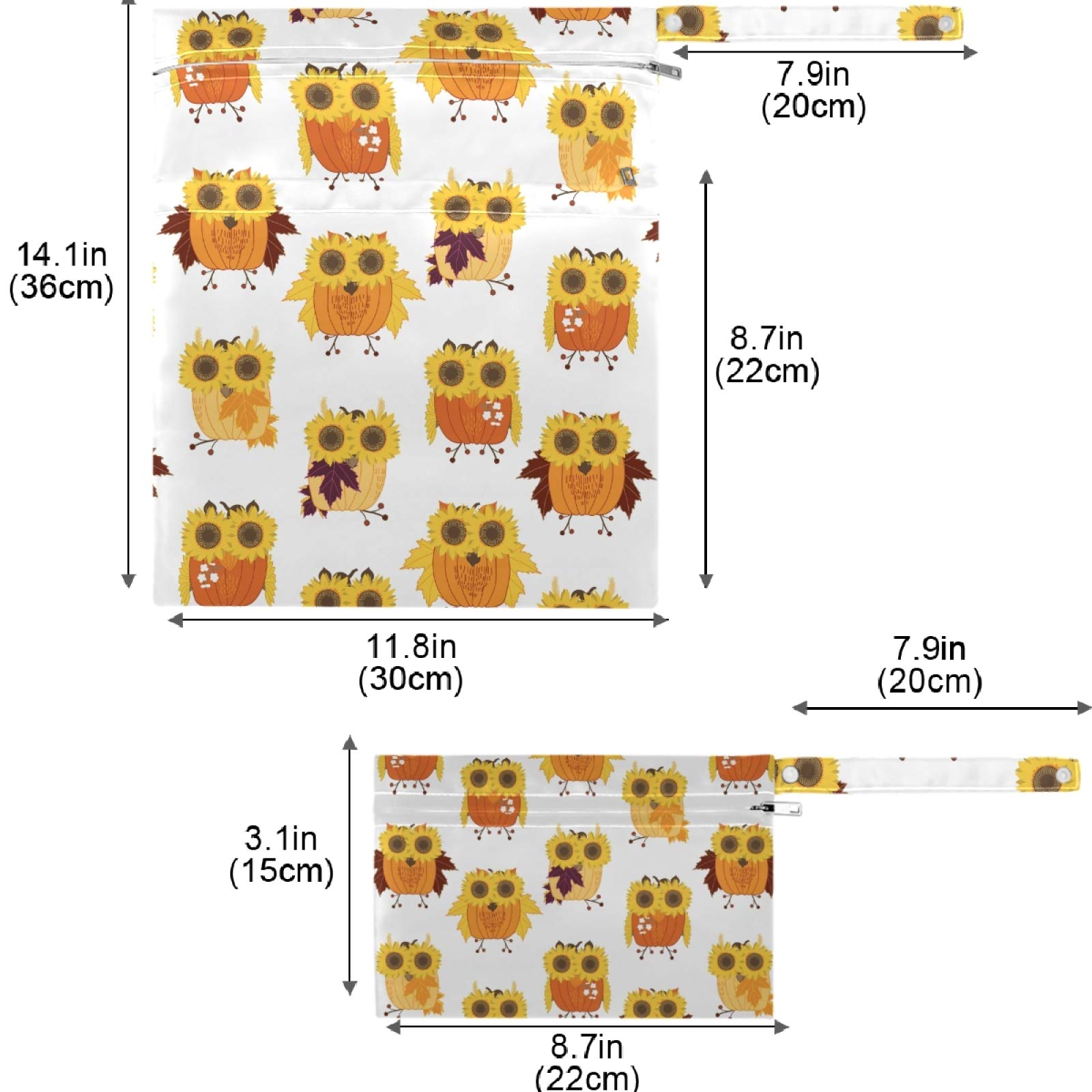 Visesunny Owl with Sunflower Eyeglasses Animal Print 2-Piece Wet Dry Bag Set - Waterproof Zippered Pockets, Washable & Reusable for Travel, Beach, Pool, Gym - Perfect for Diapers, Swimsuits, Toiletries & Dirty Clothes (Daycare, Stroller & Sports Use)