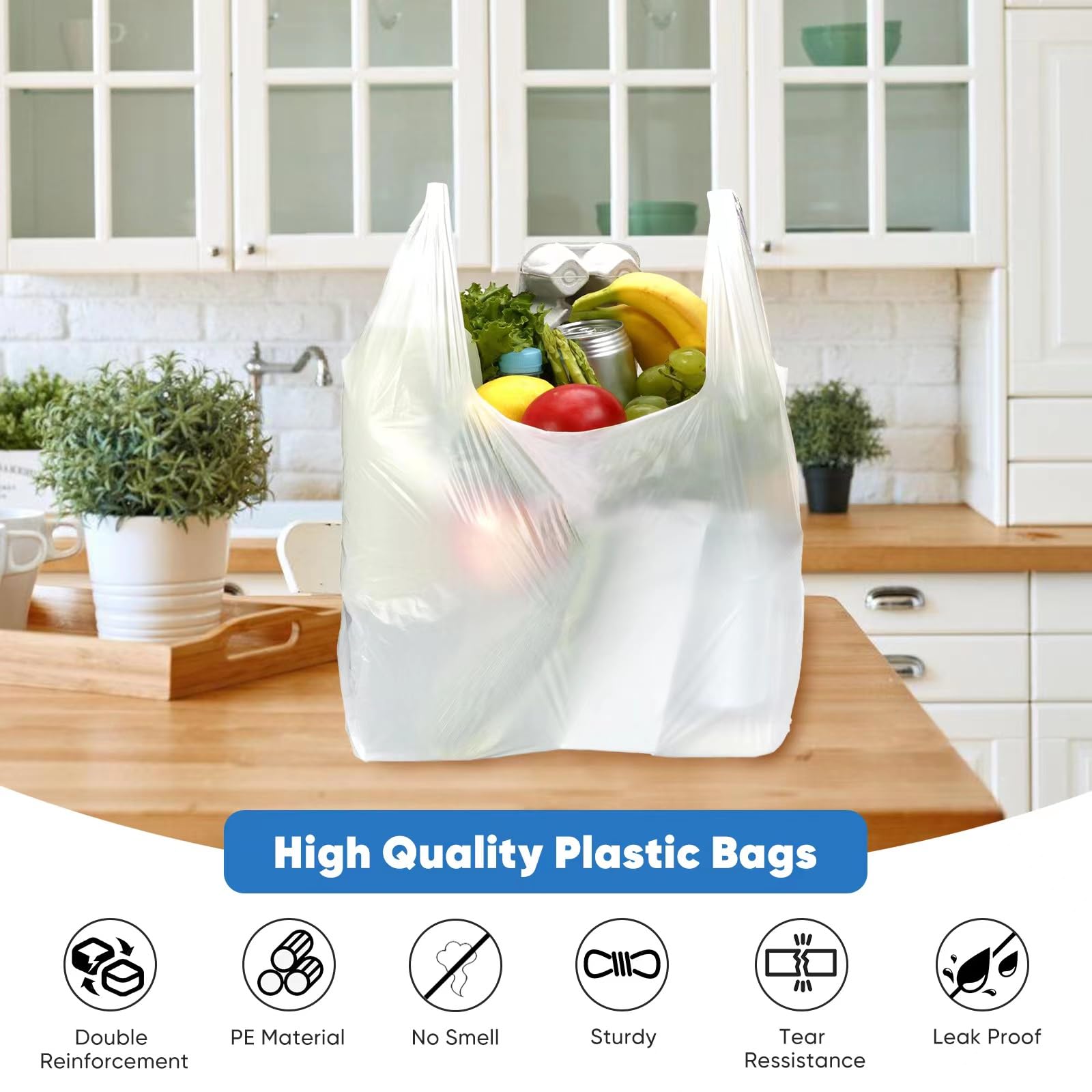 LimonLaviu 310 Count Heavy Duty Plastic Bags with Handles (25 Microns/1 Mil) - 11.5”x6.5”x21” White T-Shirt Grocery Bags for Small Business, Restaurants & Retail Stores | Bulk Shopping Bags for Groceries, Takeout & Retail Packaging