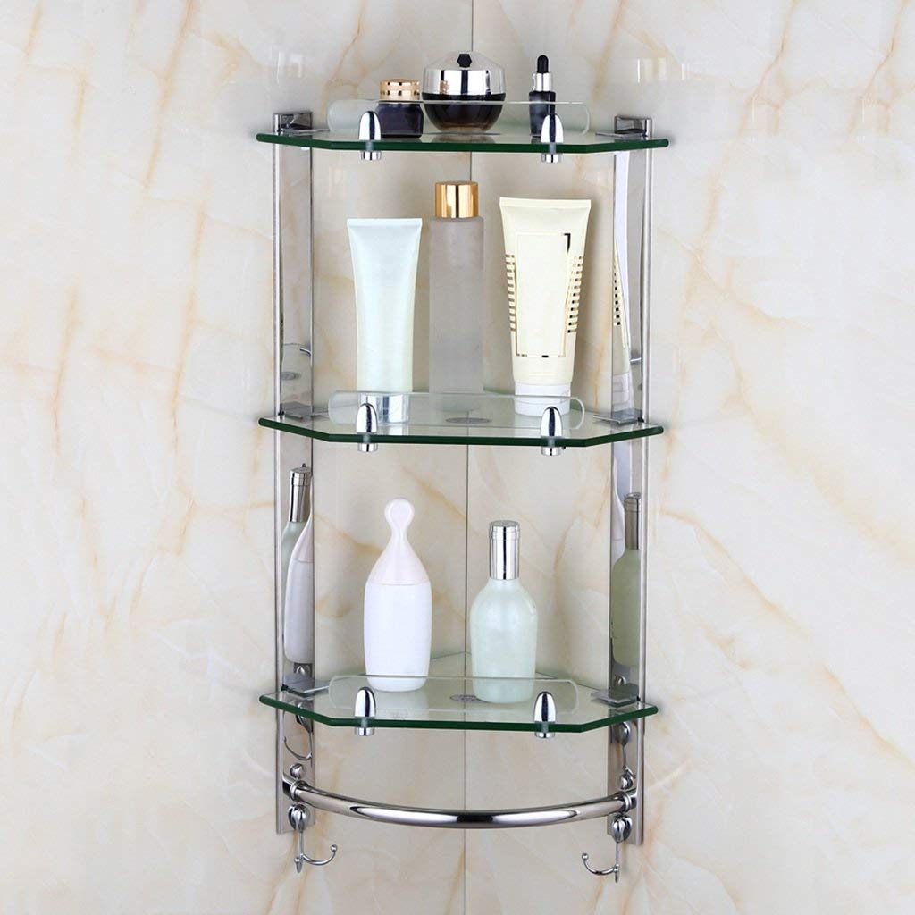Multifunctional Transparent Glass Bathroom Shelf - 3-Tier Corner Wall Mounted Stainless Steel Towel Rack for Shower, Kitchen & Bathroom Organization