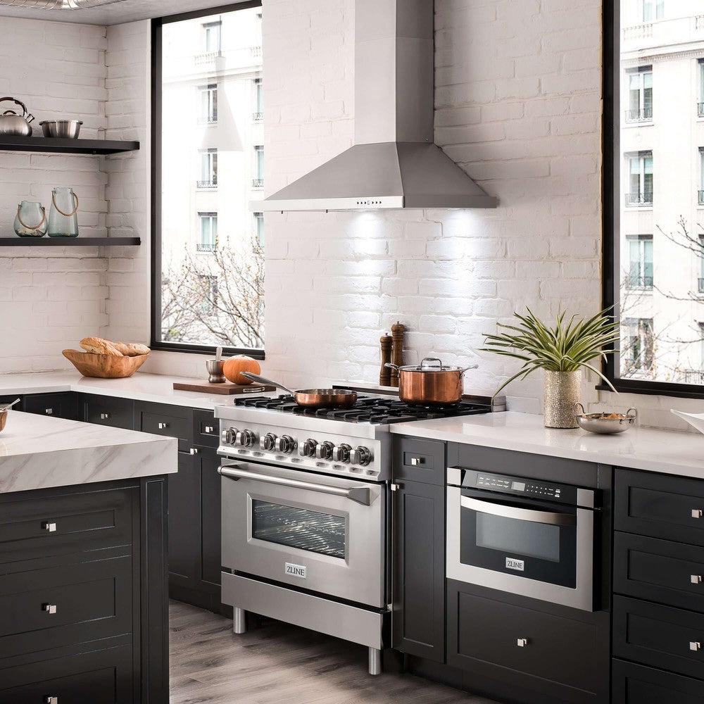 ZLINE 36-Inch Stainless Steel Kitchen Package - Dual Fuel Range, Convertible Range Hood, Microwave Drawer & Dishwasher (5KPR RARH36 MWDWV) | Premium Appliance Bundle for Modern Kitchens & Home Renovations