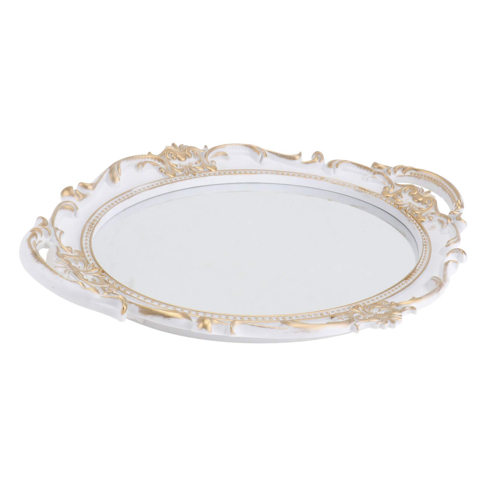 Vintage Makeup Jewelry Organizer - Mirrored Glass Vanity Tray with Ornate Metal Frame, Elegant Cosmetic Dish for Perfume & Accessories - Perfect for Dressing Table, Bathroom Counter, and Gift Giving (White)