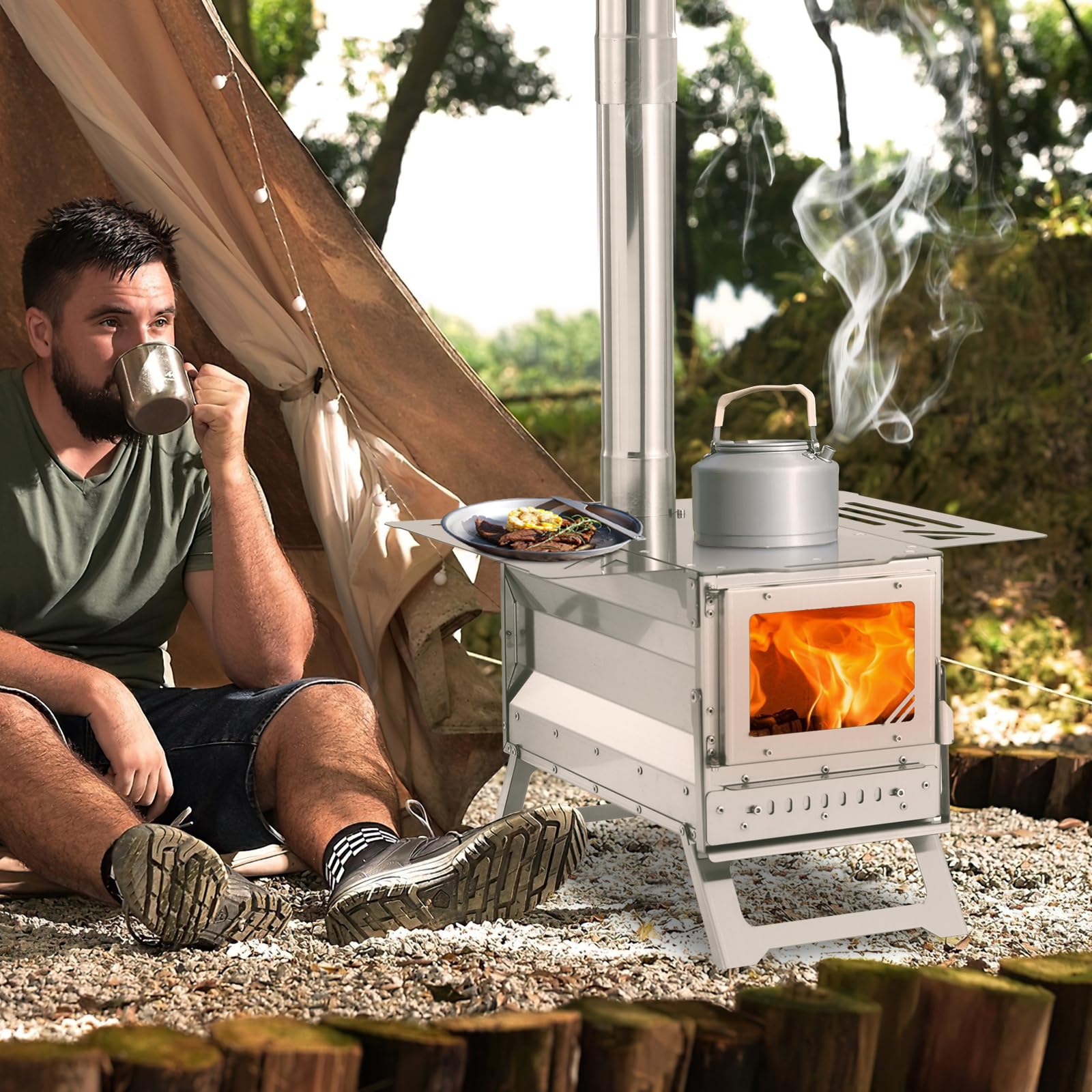 Portable Outdoor Wood Burning Stove with Chimney Pipe - Camping Stove for Cooking, Backpacking & Tent Use - Includes Viewing Glass for Flame Monitoring