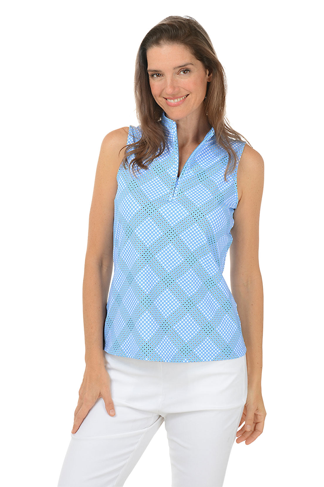 UPF50+ Diagonal Gingham Sleeveless Zip Top for Women - Lightweight Sun Protection Shirt for Hiking, Beach & Outdoor Activities
