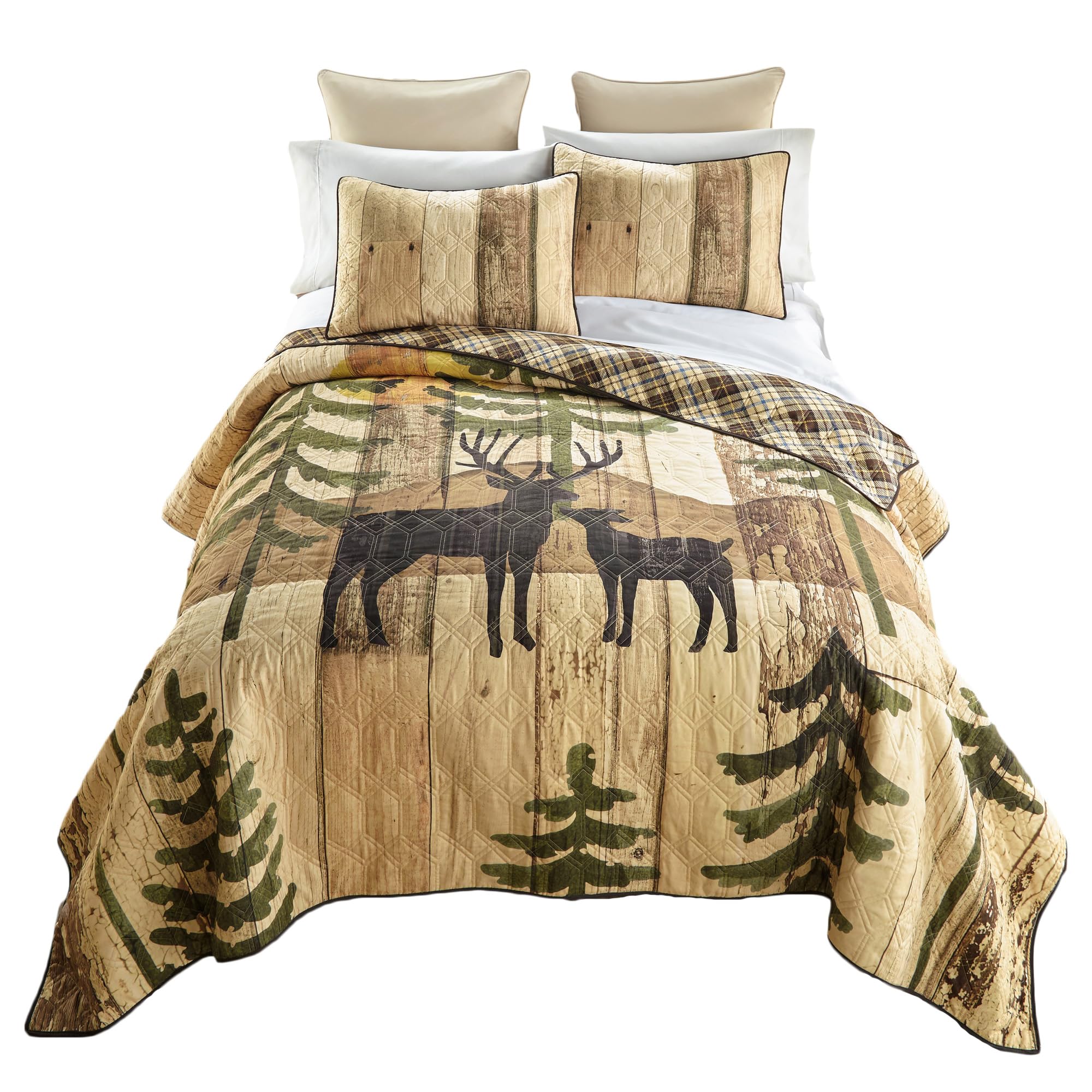 Donna Sharp Full/Queen Bedding Set - 3 Piece Painted Deer Lodge Quilt with Matching Pillow Shams - Soft & Durable Cotton Quilt for Queen/Full Size Beds - Easy Care Machine Washable - Perfect for Cozy Cabins, Rustic Bedrooms & Lodge Style Decor