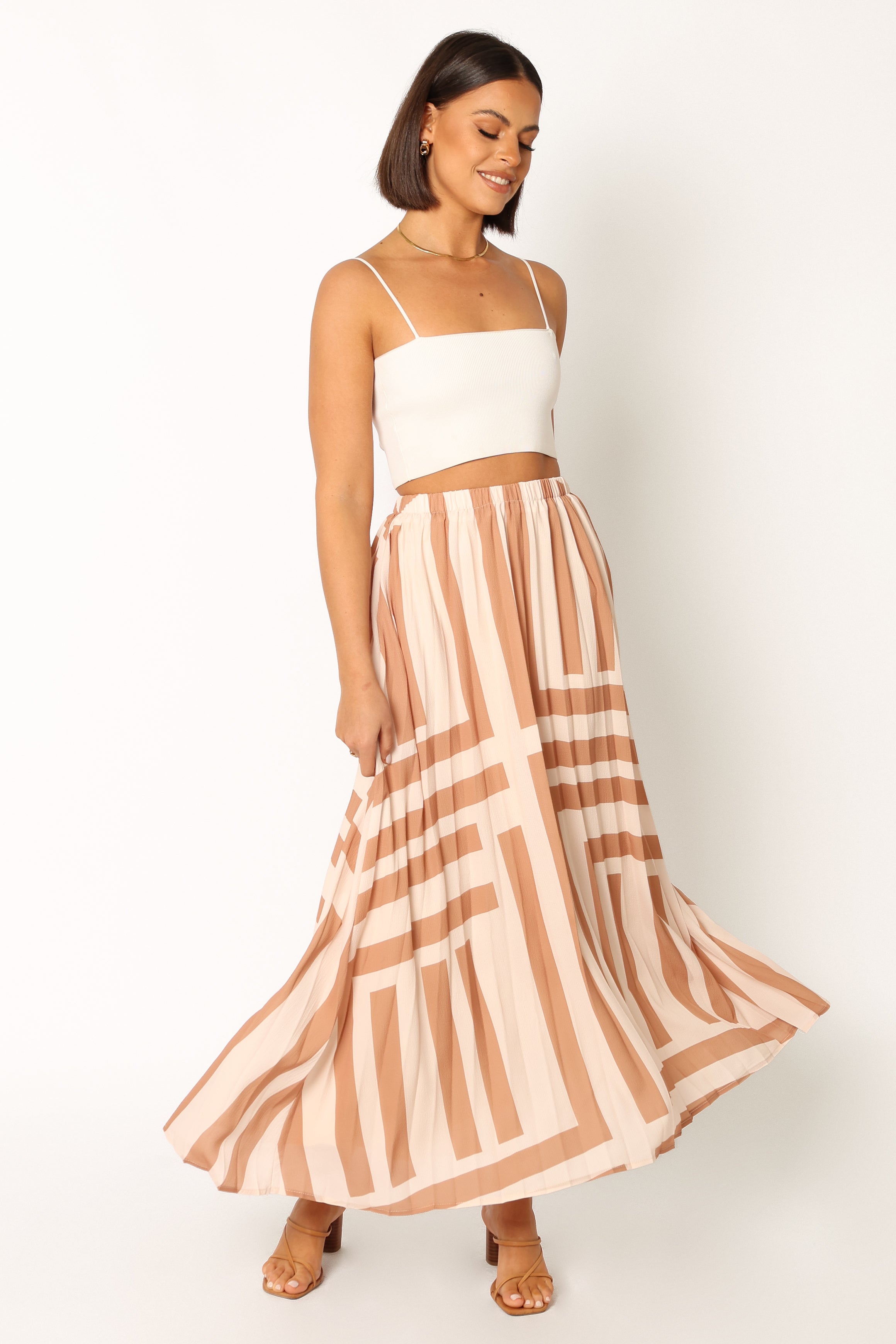 Elke Pleat Midi Skirt in Tan - Stylish A-Line Skirt for Women | Perfect for Office, Date Night & Casual Outings
