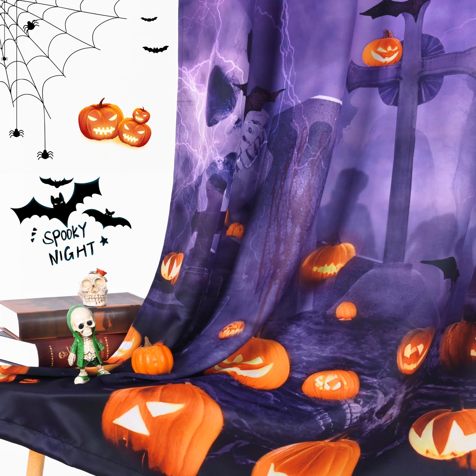 ASPMIZ Halloween Window Curtains - Purple Skeleton & Gothic Pumpkin Design, 52x84 Inch 2 Panels, 80% Blackout Drapes with Grommet Top for Living Room, Bedroom & Kitchen | Spooky Home Decor for Halloween Parties & Gothic Themed Rooms