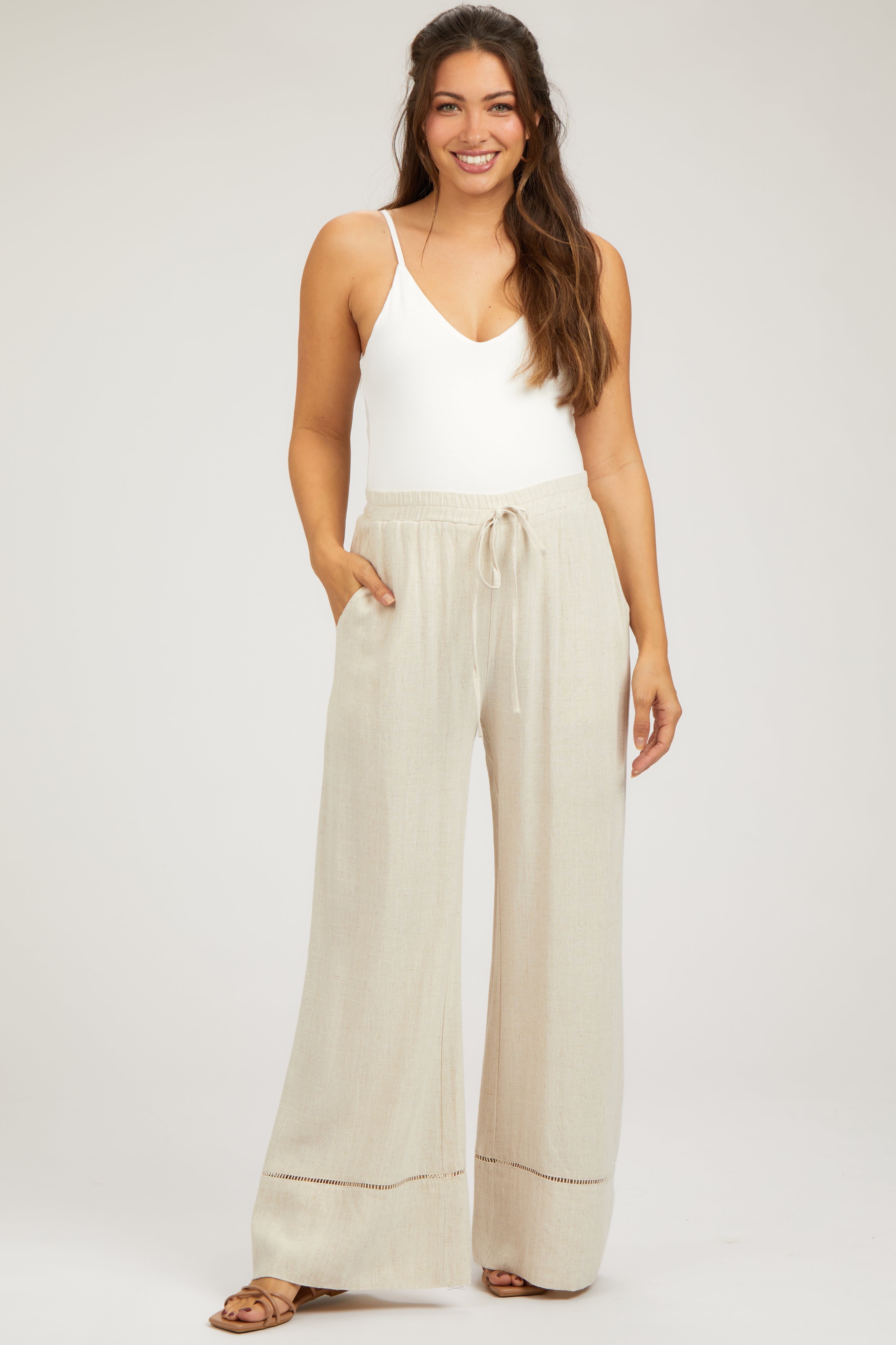 Beige Linen Maternity Pants Wide Leg with Lace Trim - Comfortable Pregnancy Pants for Work, Casual & Nursing Mothers