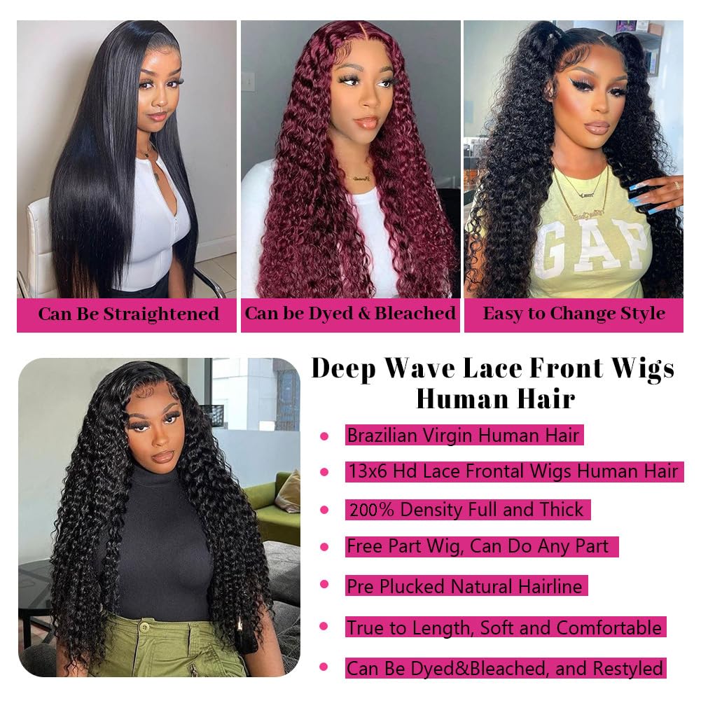 28 Inch Deep Wave Lace Front Wigs Human Hair - Pre Plucked 13x6 HD Lace Frontal - 200% Density Deep Curly Glueless Wigs with Baby Hair - Natural Looking Curly Human Hair Wigs for Women - Perfect for Daily Wear, Cosplay, and Special Occasions