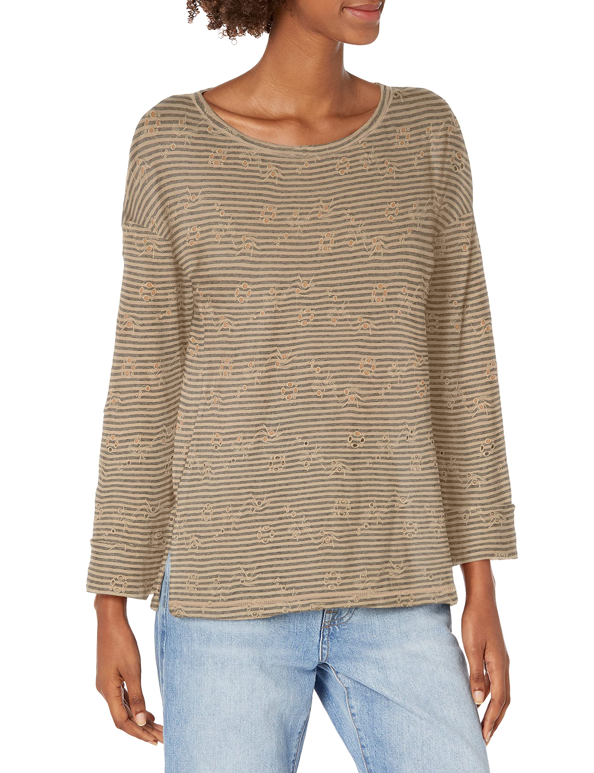 Lucky Brand Women's Eyelet Stripe T-Shirt - Casual Short Sleeve Cotton Top for Summer Outfits, Beach Wear & Everyday Comfort