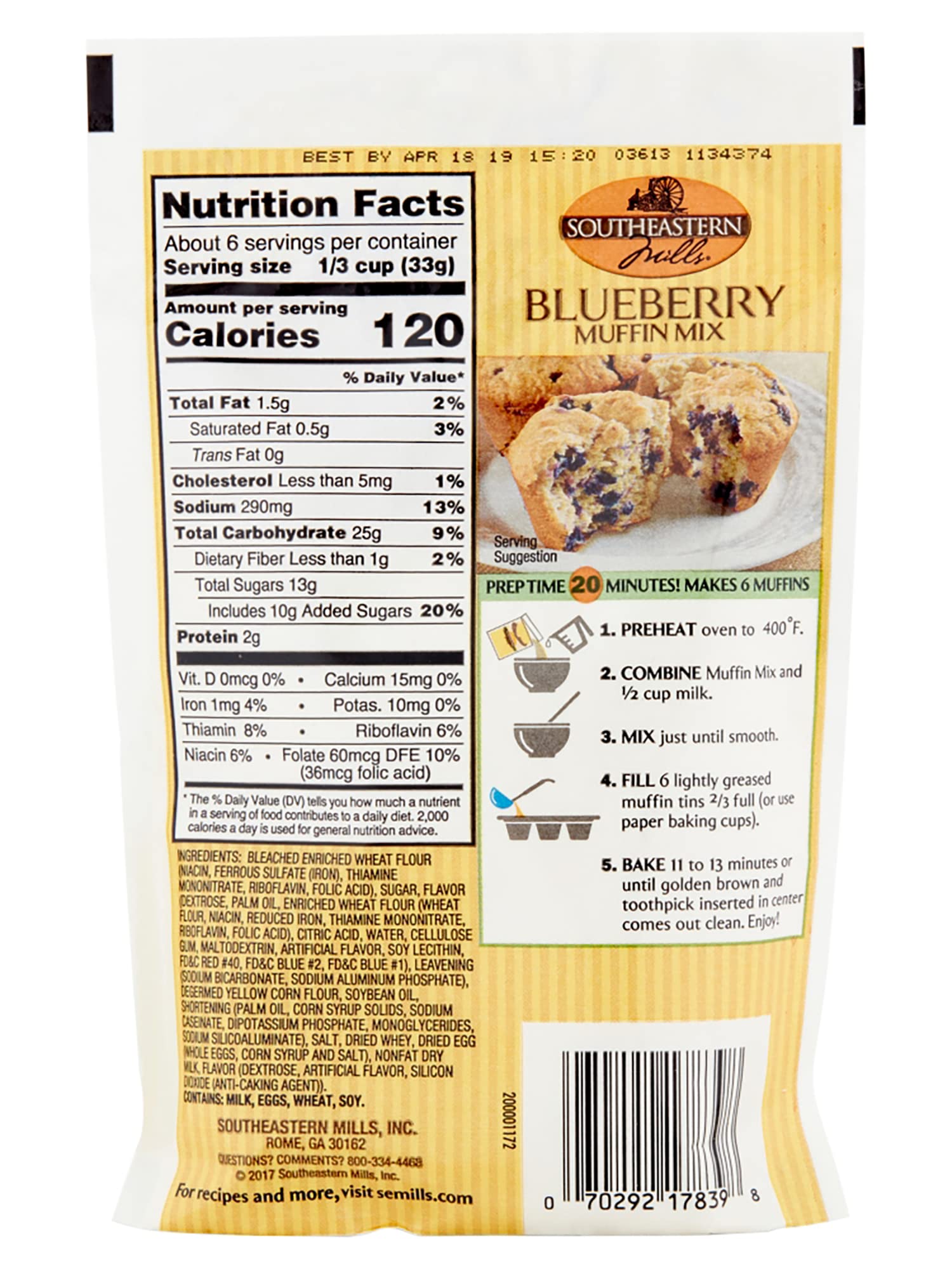 Southeastern Mills Blueberry Muffin Mix - Easy Bake Muffin Mix, Just Add Milk, 7oz Pouch (Pack of 2) - Makes 6 Delicious Muffins Per Bag - Perfect for Breakfast, Snacks & Quick Desserts