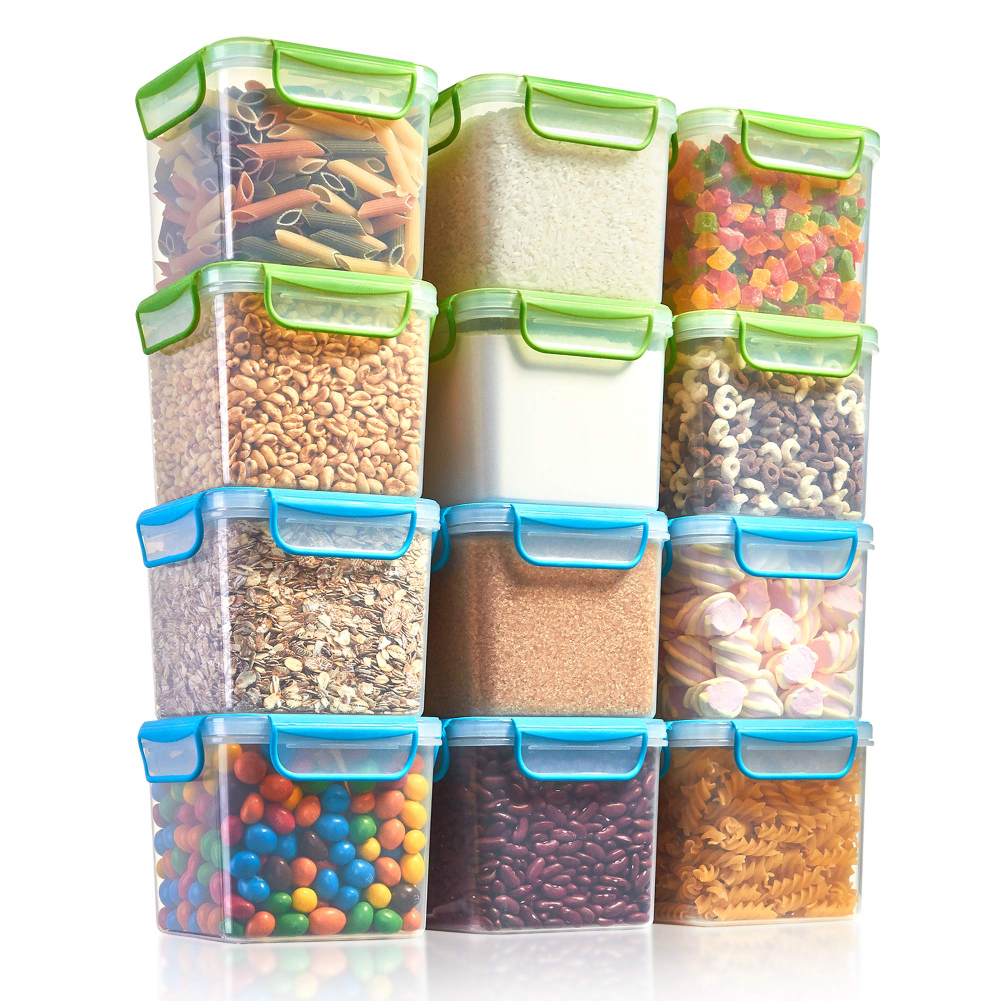 12-Piece Airtight Food Storage Containers Set - 44oz BPA-Free Plastic Canisters for Dry Goods, Flour, Sugar, Pasta & Baking Supplies - Leakproof Locking Lids (Green & Blue) - Perfect for Kitchen Pantry Organization & Meal Prep Storage