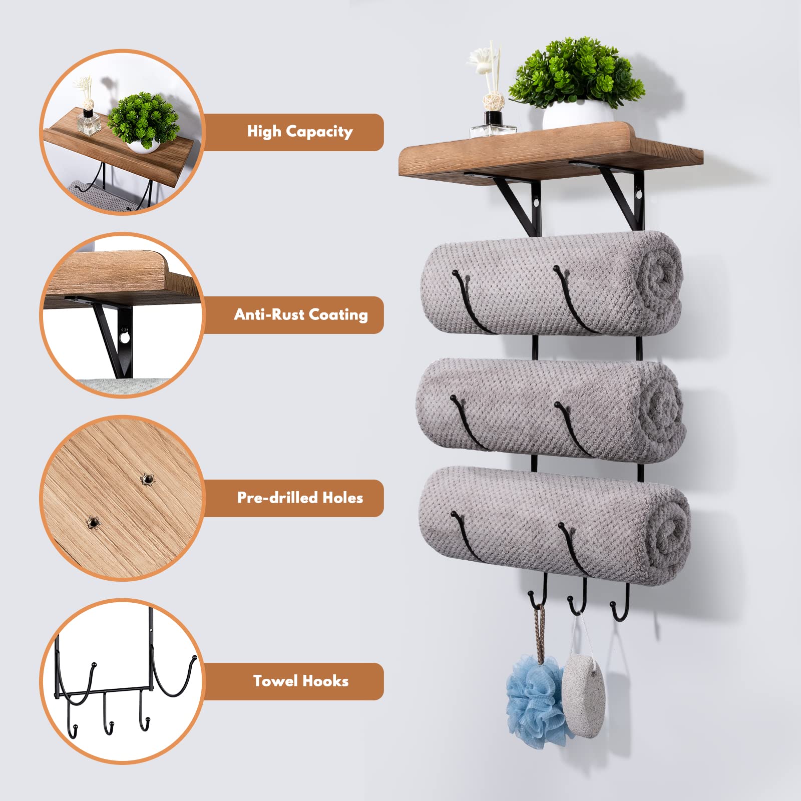 Wall Mounted Bathroom Towel Rack with Wood Shelf & 3 Hooks - IRIIJANE Metal Towel Holder for Hand & Bath Towels - Space Saving Organizer for Small Bathrooms, RV Campers & Home Decor (Black) - Perfect for Compact Spaces & Stylish Storage Solutions