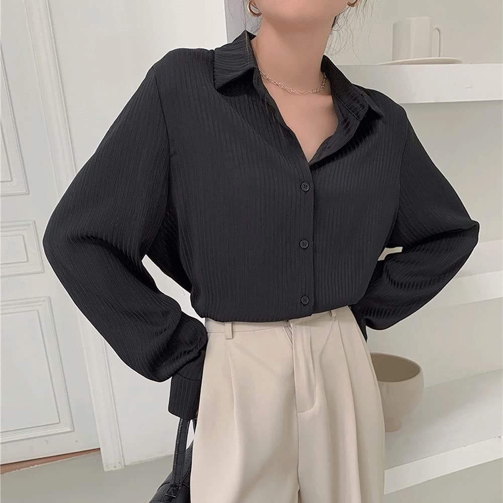 Vintage Striped Long Sleeve Loose Spring Shirt for Women - Plus Size Casual Blouse (Black, Size S) | Perfect for Office Wear, Date Night & Spring Outfits