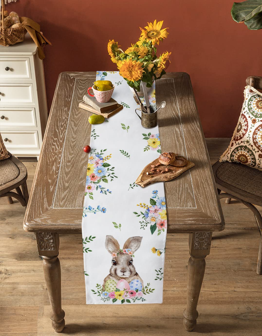 Easter Bunny Cotton Linen Table Runner - 16x72 Inch Spring Floral Easter Egg Table Decor for Family Dinners, Banquets, Parties & Celebrations | Perfect for Easter, Spring Gatherings & Holiday Dining Decorations
