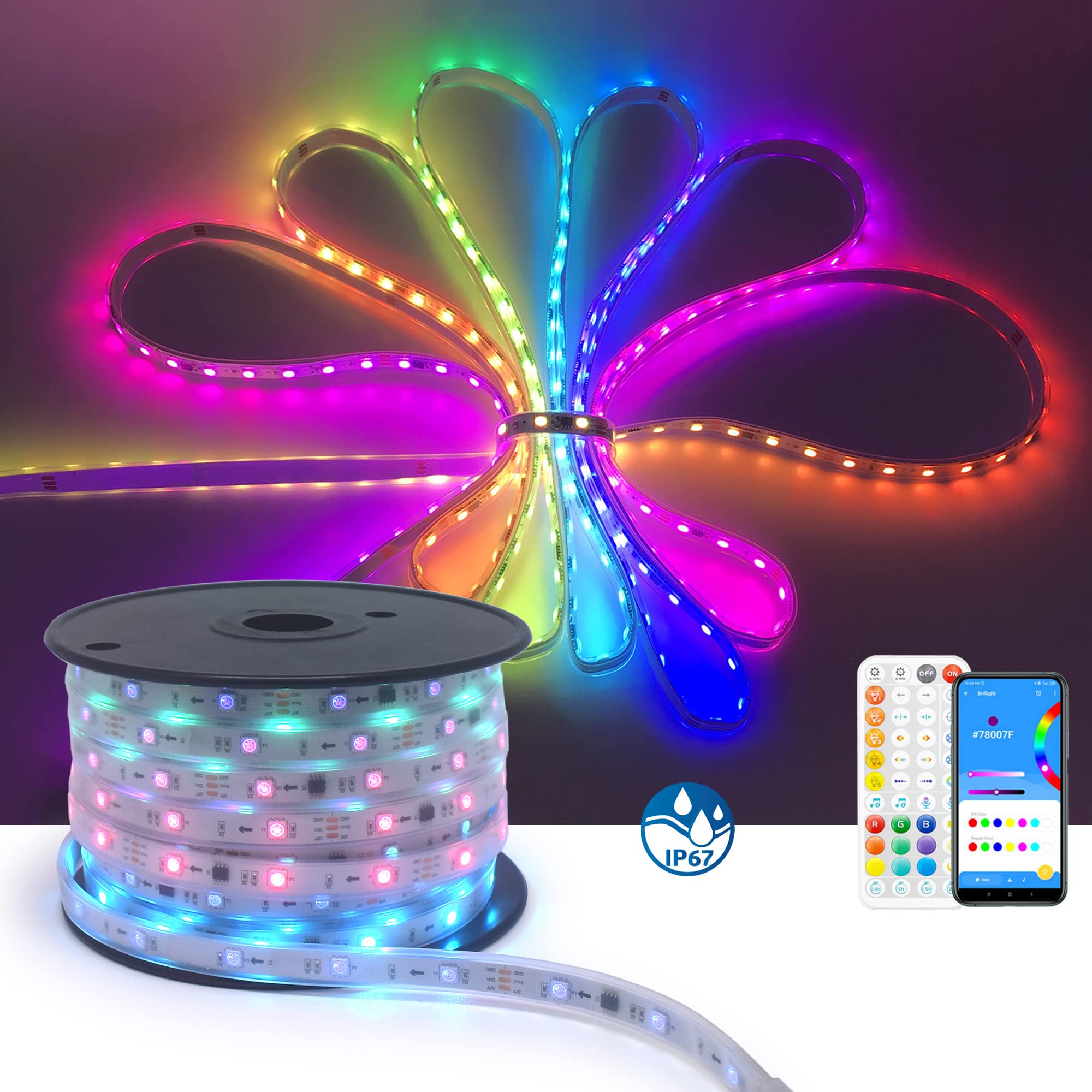 Waterproof 120Ft Addressable RGB LED Strip Lights - 24V Super Long Continuous IC 16703 LED Rope Light Kit with Bluetooth App Control, Music Sync & Color Changing Effects for Home Decoration, Party Lighting, and Outdoor Use