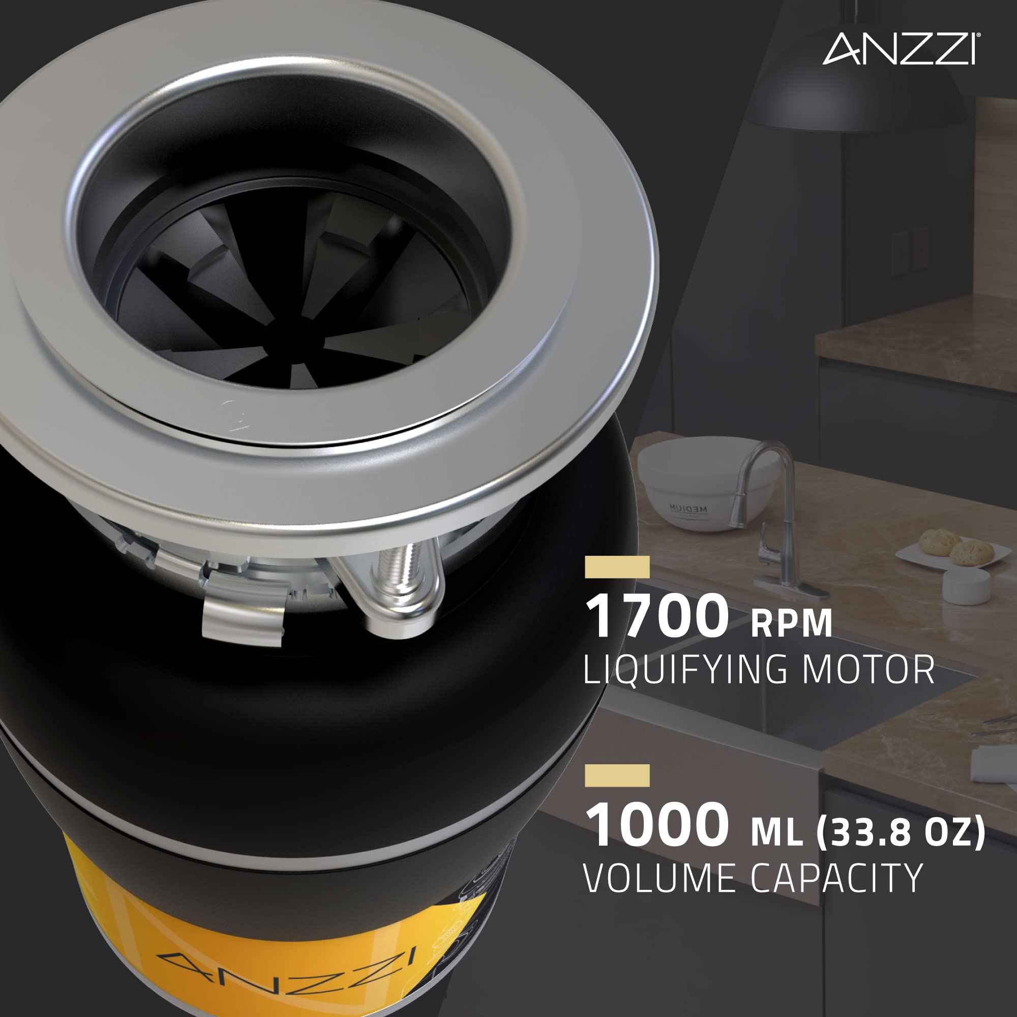 ANZZI MEDUSA 3/4 HP Continuous Feed Compact Undersink Garbage Disposal with Pre-installed Power Cord - Black Finish | Quiet & Powerful Kitchen Waste Disposer for Homes & Restaurants | GD-AZ234