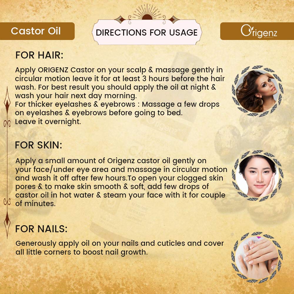 Origenz 100% Pure Cold Pressed Castor Oil for Hair Growth, Skin Moisturizer, Eyelash & Eyebrow Enhancer | 3.38 oz (100ml) Natural Treatment for Face, Nails & Belly Button | Perfect for DIY Beauty, Hair Care & Massage Therapy