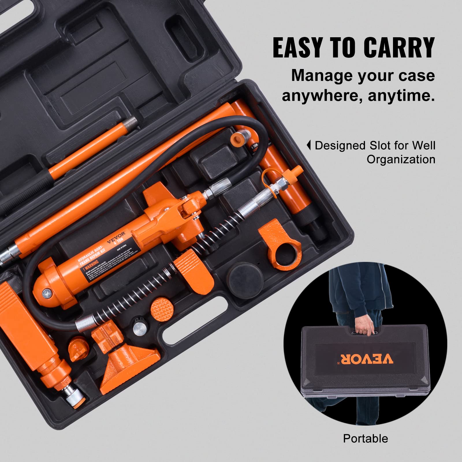 VEVOR 4 Ton Porta Power Kit - Portable Hydraulic Jack with 3.9ft Oil Hose, Auto Body Frame Repair Kit (8800LBS) - Ideal for Car Repair, Truck Maintenance & Farm Equipment Fixing