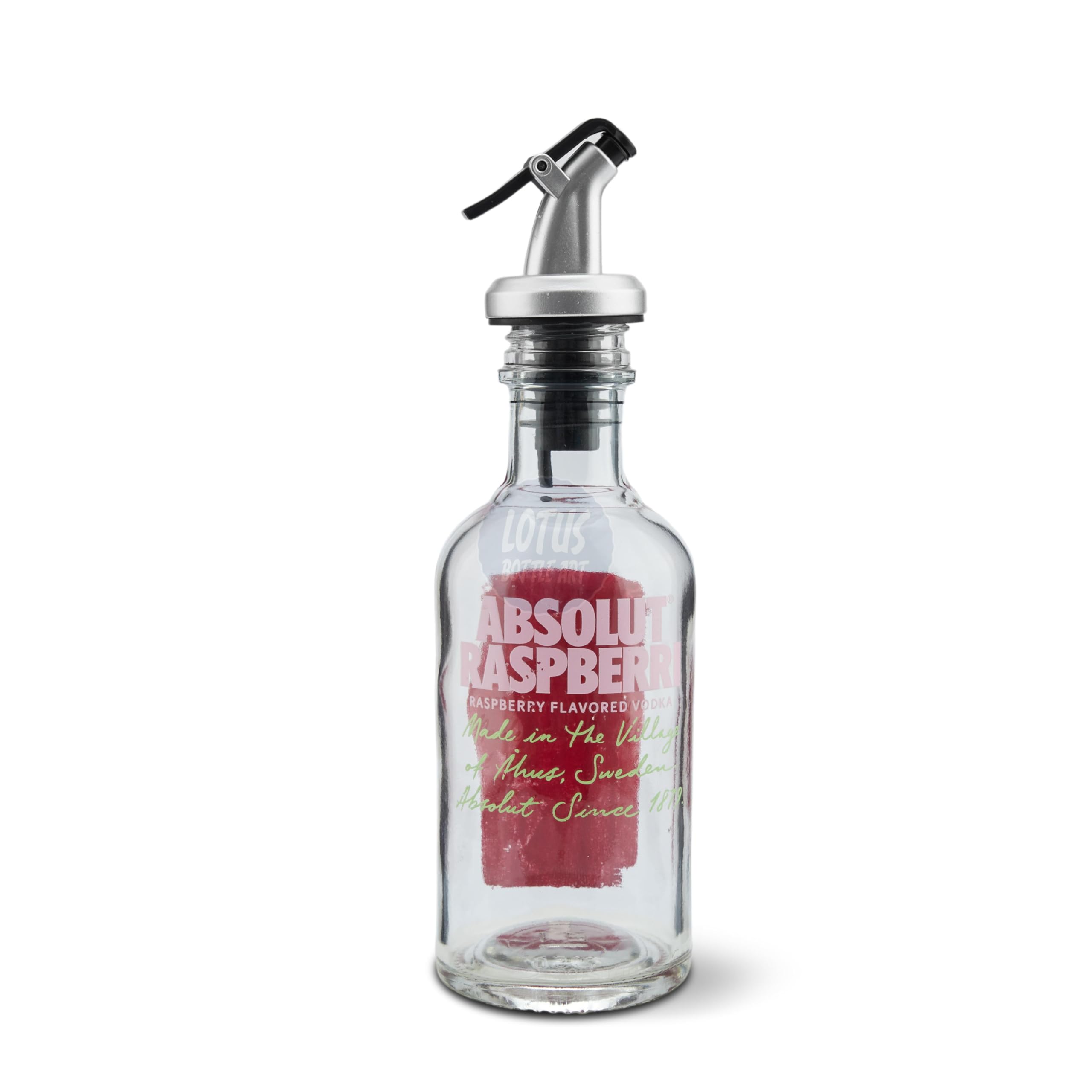 Upcycled Lotus Bottle Art Absolut Mini Olive Oil Dispenser (Raspberry) - Eco-Friendly Glass Bottle for Vodka, Wine, Vinegar & Soy Sauce | Perfect for Restaurants, Kitchens & Unique Gift Ideas | Elegant Home Decor & Sustainable Dining Accessory