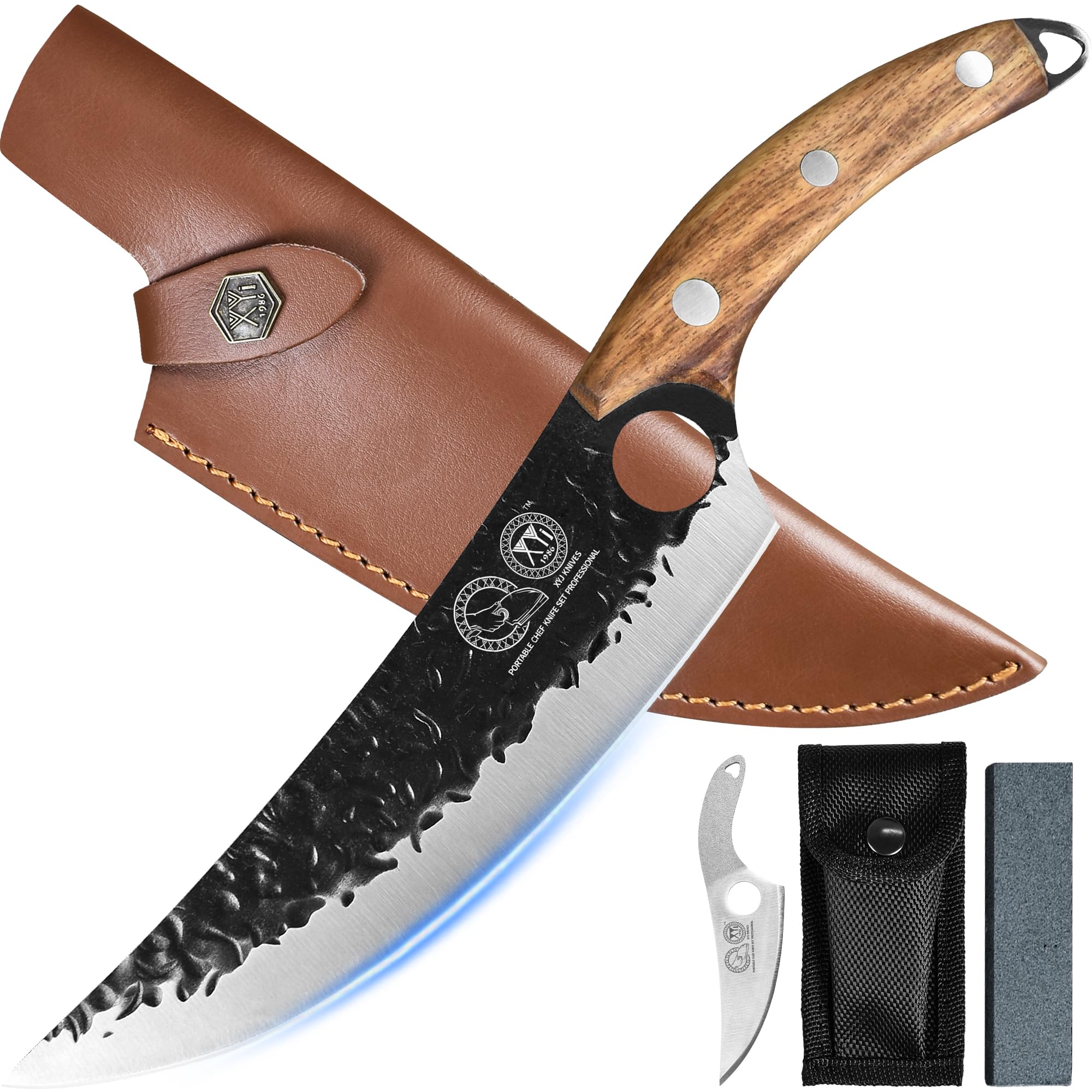 XYJ 8 Inch Full Tang Stainless Steel Boning Knife - Professional Chef Knife for Fishing, Outdoor Cooking, Meat Butchering - Includes Leather Sheath - Ideal for Camping, BBQ, and Kitchen Use (Brown)