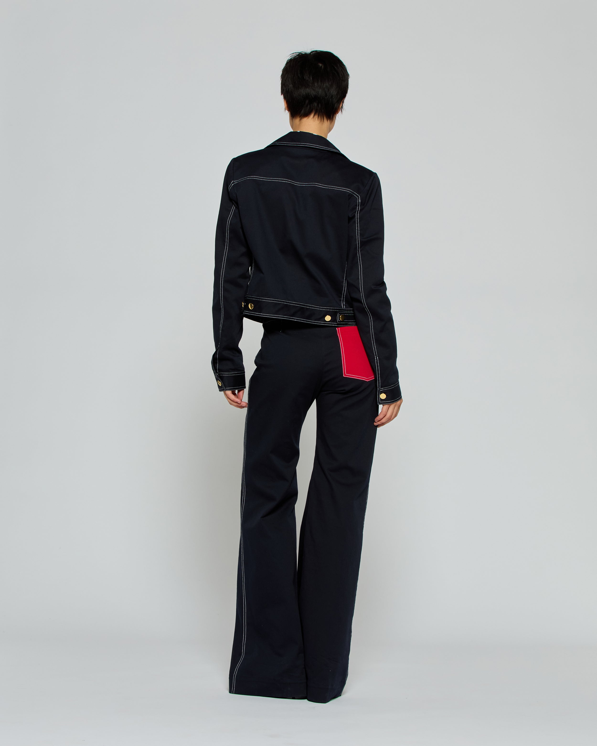 Flare Pants for Women with Contrast Pockets - Dark Blue High Waisted Wide Leg Trousers for Office, Casual Wear & Date Night Outfits