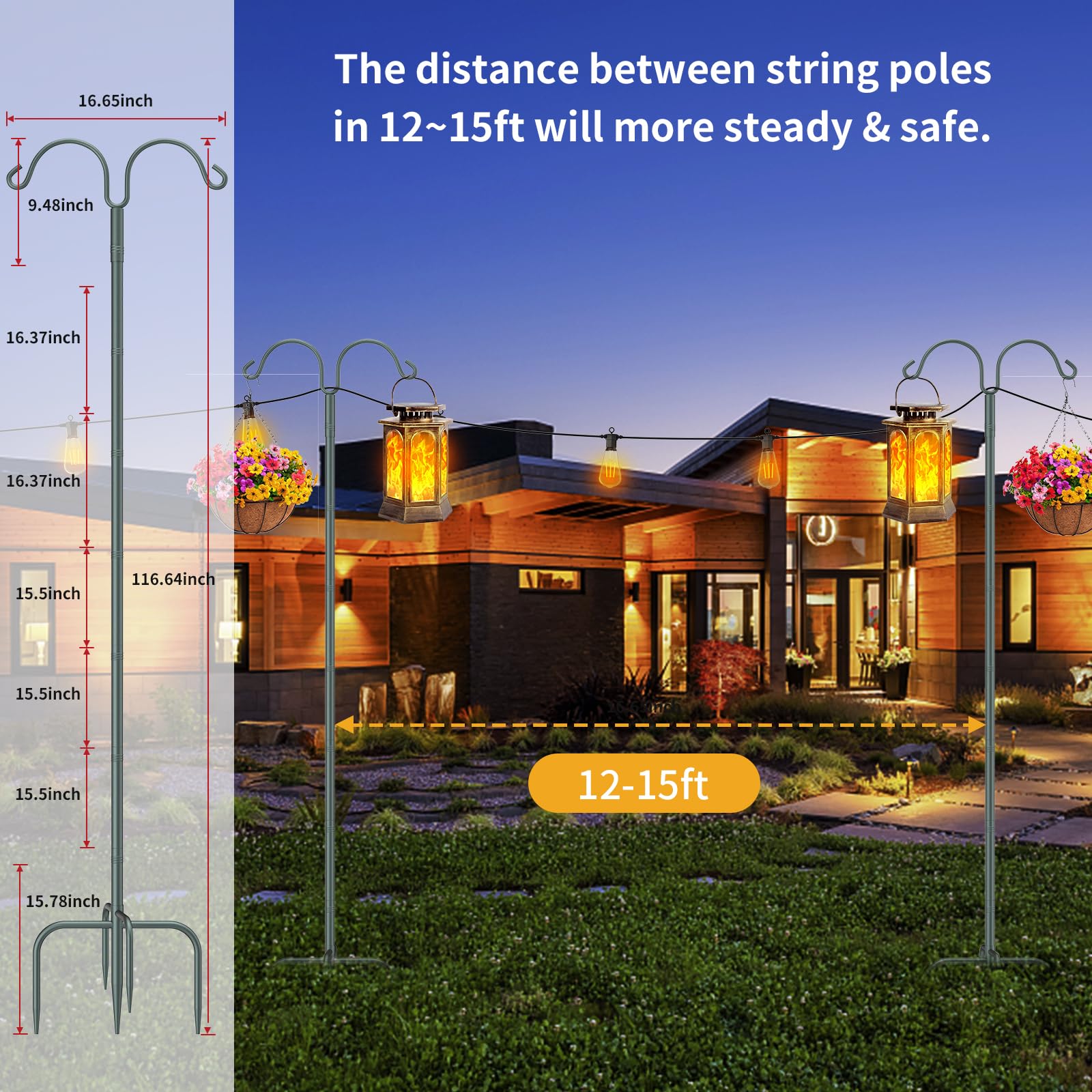 10ft Adjustable Metal String Light Poles 2 Pack - 5 Prongs & Fixing Clips for Outdoor Patio, Backyard, Garden, Deck Lighting | Perfect for Wedding, Party, Birthday Decor | Weather-Resistant & Easy to Install