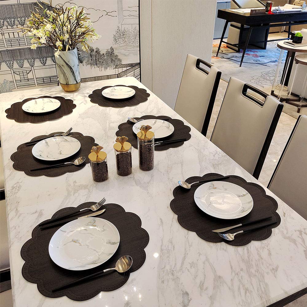Modern Round Waterproof Placemats Set of 6 - Non-Slip Washable PU Table Mats for Dining Table, Kitchen & Home Decor (Wood Black) - Perfect for Everyday Meals, Dinner Parties & Spill Protection