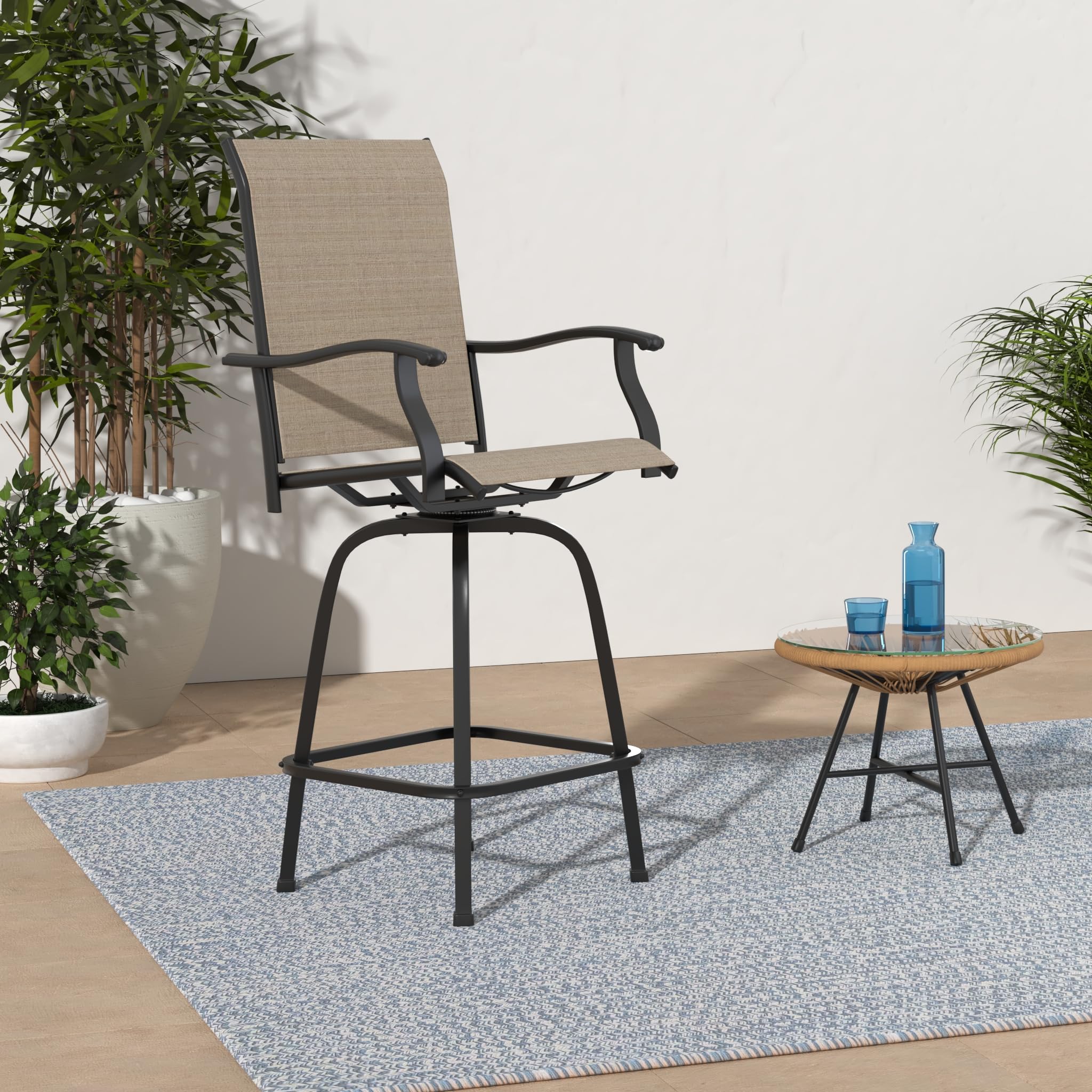 MFSTUDIO 2 Pack Outdoor Swivel Bar Stools - Patio Bar Height Chairs with Breathable Sling Fabric, All-Weather Resistant, Brown - Perfect for Backyard, Deck, Poolside & Garden Use