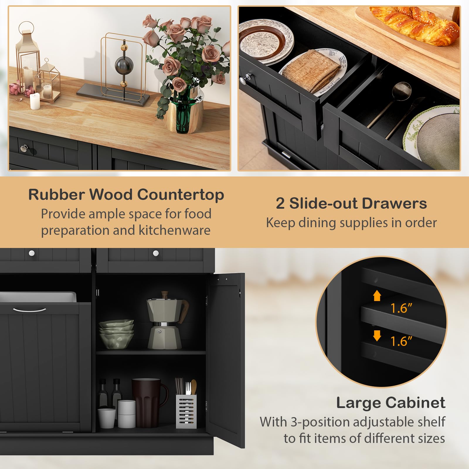 Giantex 15.5 Gallon Kitchen Trash Cabinet with Tilt-Out Bin | Rubber Wood Countertop Kitchen Island Organizer | 2 Drawers & Adjustable Shelf | Black Waste Recycling Storage for Small Spaces & Apartments | Perfect for Kitchen Organization & Garbage Disposal