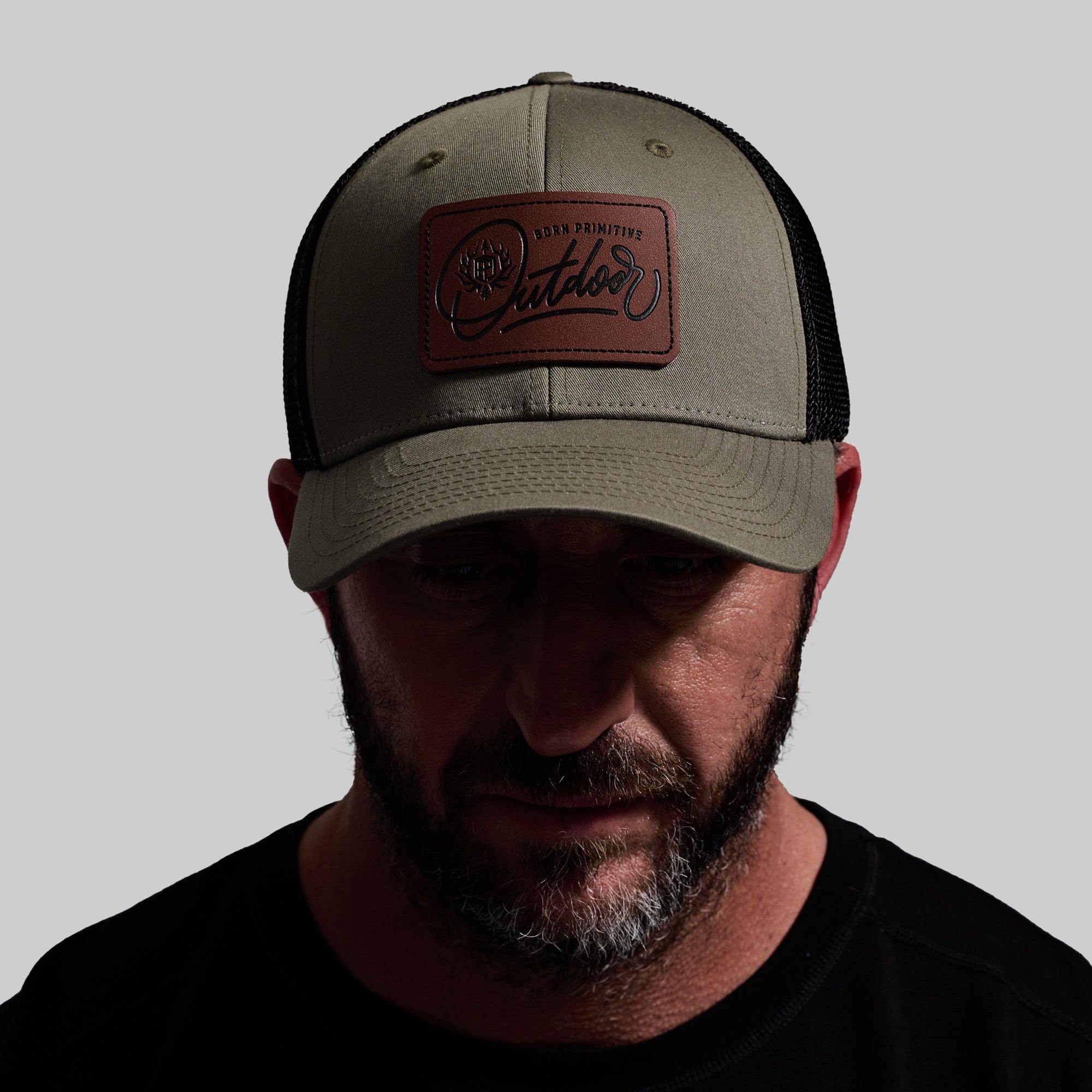 Outdoor Leather Patch FLEX Trucker Hat - Adjustable Snapback Cap in OD Green & Black - Perfect for Hiking, Camping, and Outdoor Adventures