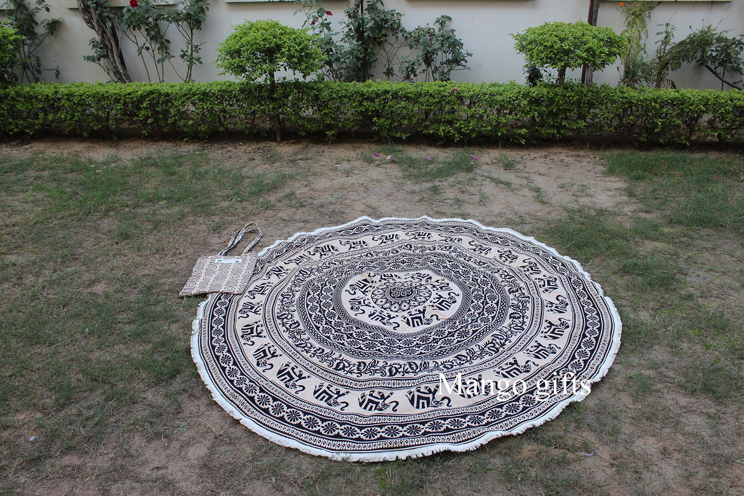 Elephant Mandala Round Beach Throw Blanket - Indian Tapestry with Carry Bag for Yoga, Meditation & Boho Decor | Hippie Home Accessories | Perfect for Beach Picnics, Yoga Sessions & Bohemian Room Decor
