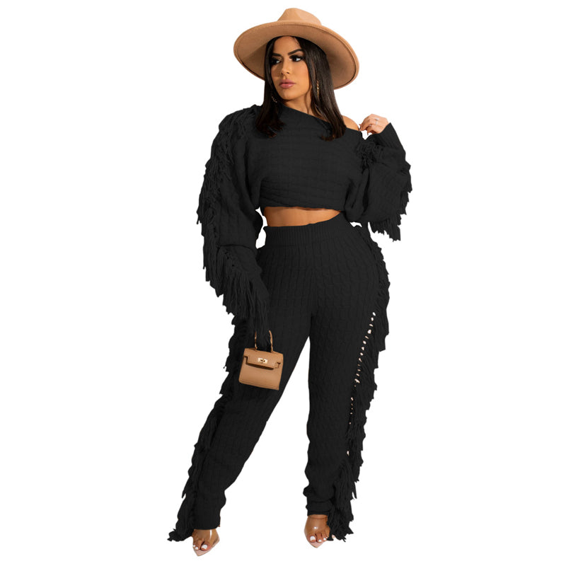 Solid Color Knitted Long Sleeve Fringe Suit - Women's Elegant Loungewear for Home, Office & Special Occasions